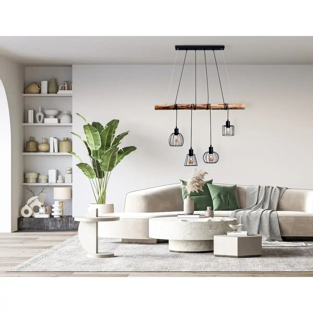 4er Pendelleuchte "WOODLAND", Hängelampe, Metall und Holz in Schwarz, und natur- E27-Fassung, für Esszimmer, Wohnzimmer, Diele oder Büro, 100 cm lang