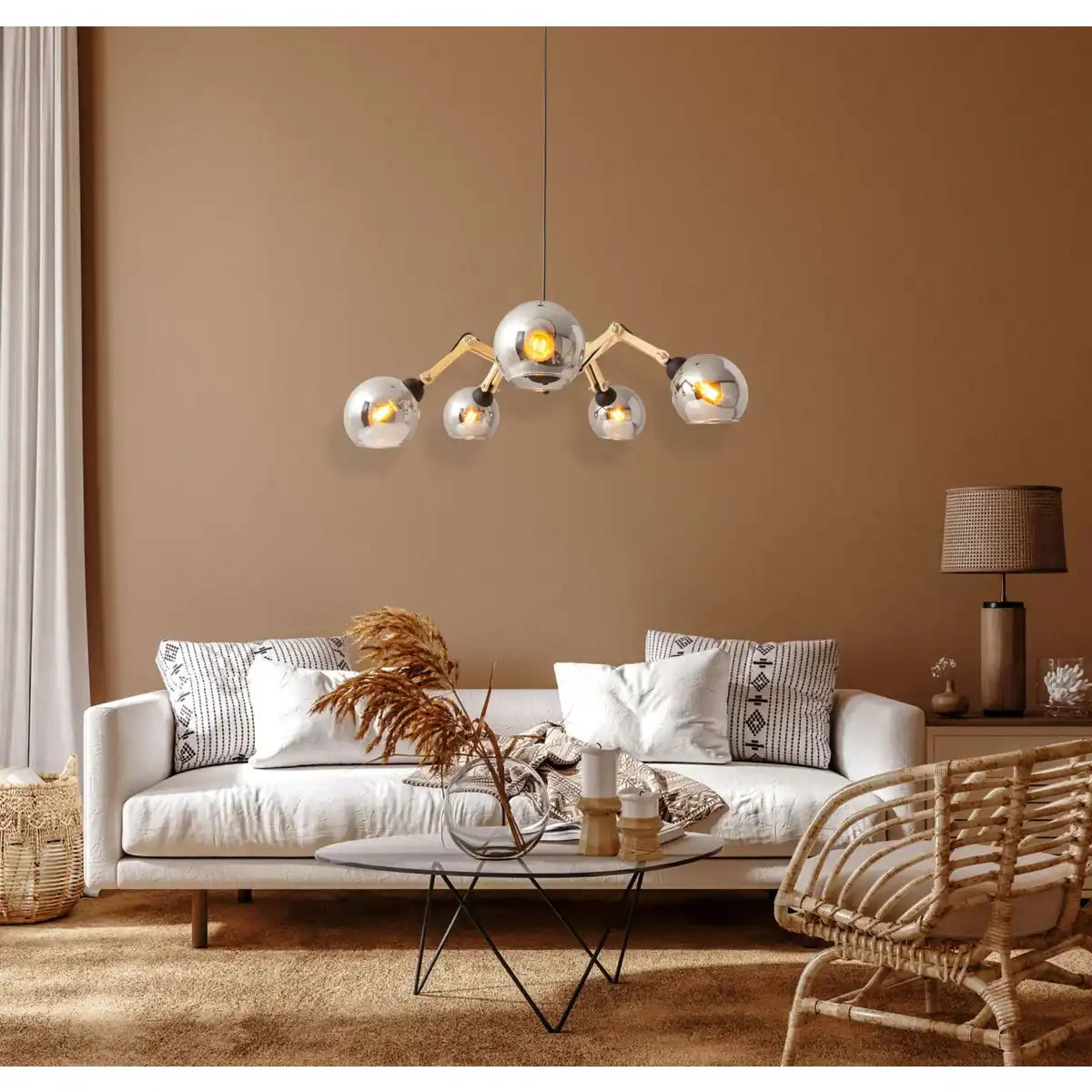 5er Glas-Pendelleuchte "SOITO" Hängelampe aus Metall, Glas und Gummibaumholz, mit E14-Fassung, für Esszimmer, Wohnzimmer, Diele oder Büro, 80 cm Durchmesser