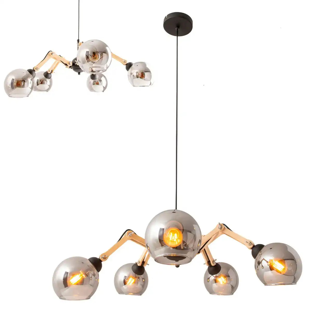 5er Glas-Pendelleuchte "SOITO" Hängelampe aus Metall, Glas und Gummibaumholz, mit E14-Fassung, für Esszimmer, Wohnzimmer, Diele oder Büro, 80 cm Durchmesser