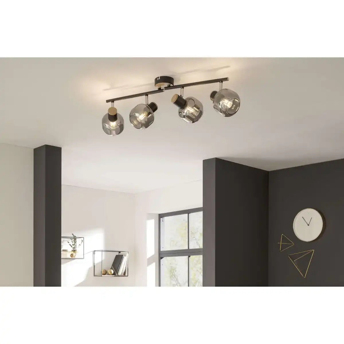 4er Spot Deckenleuchte "FUMOSO", Deckenlampe aus Metall und Rauchglas in Schwarz, mit E14-Fassung, für Esszimmer, Wohnzimmer, Diele oder Büro, 80 x 20 cm
