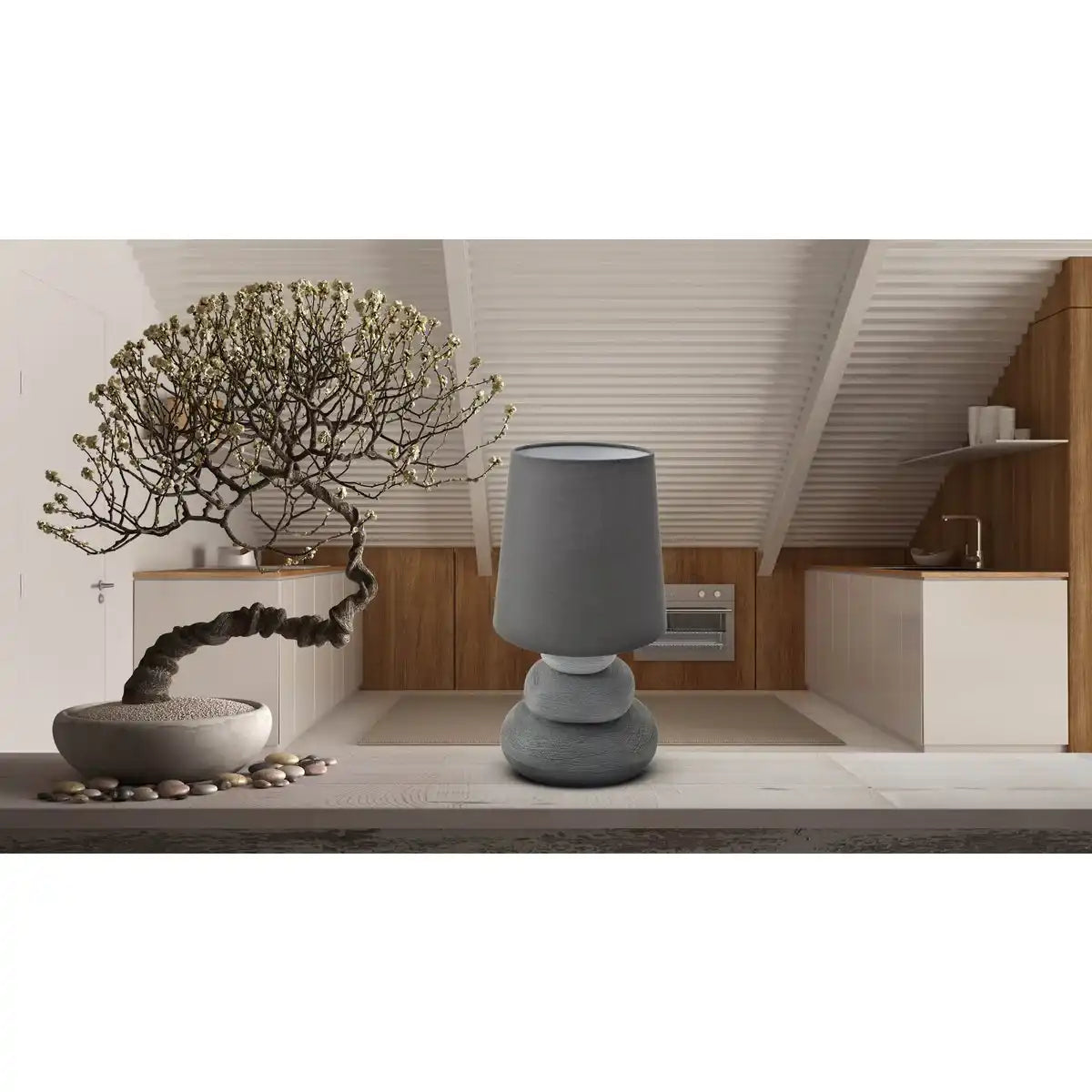 Keramik Tischleuchte "STONEY", Tischlampe aus Keramik in Grau, mit E14-Fassung, Tischlampe für Esszimmer, Wohnzimmer, Diele oder Büro, oder als Nachttischlampe, 31 cm hoch
