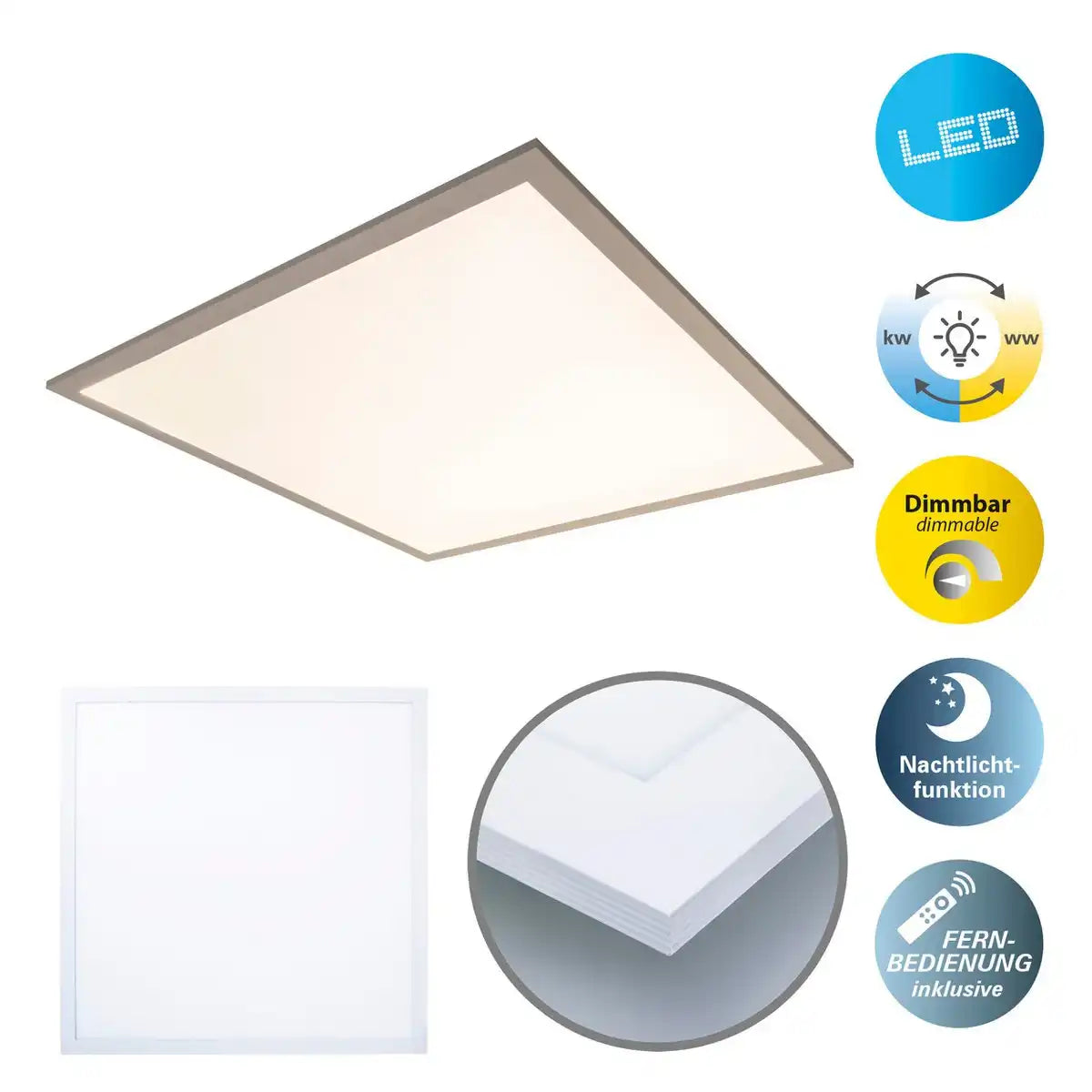 LED Panel-Deckenleuchte "NICO", funktionelle Deckenleuchte aus Metall und Kunststoff in weiß, mit festverbauten LED und vielen Funktionen, ideal für Büro, Praxis oder Werkstatt, ca. 59,5 x 59,5 cm