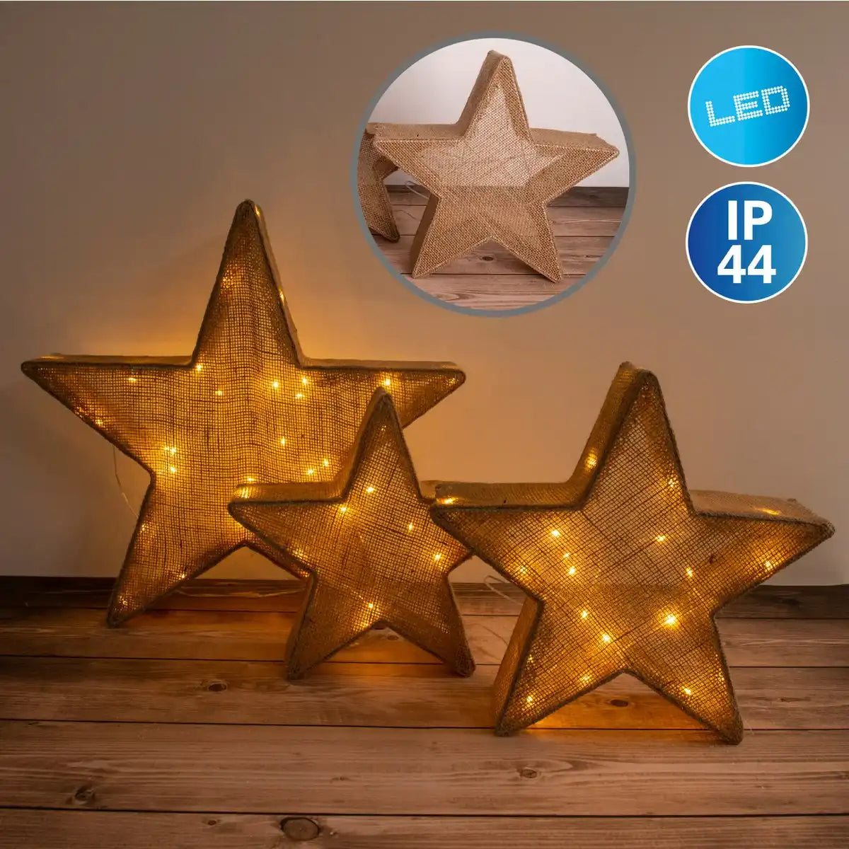 3er-Set LED-Deko-Weihnachtssterne braun