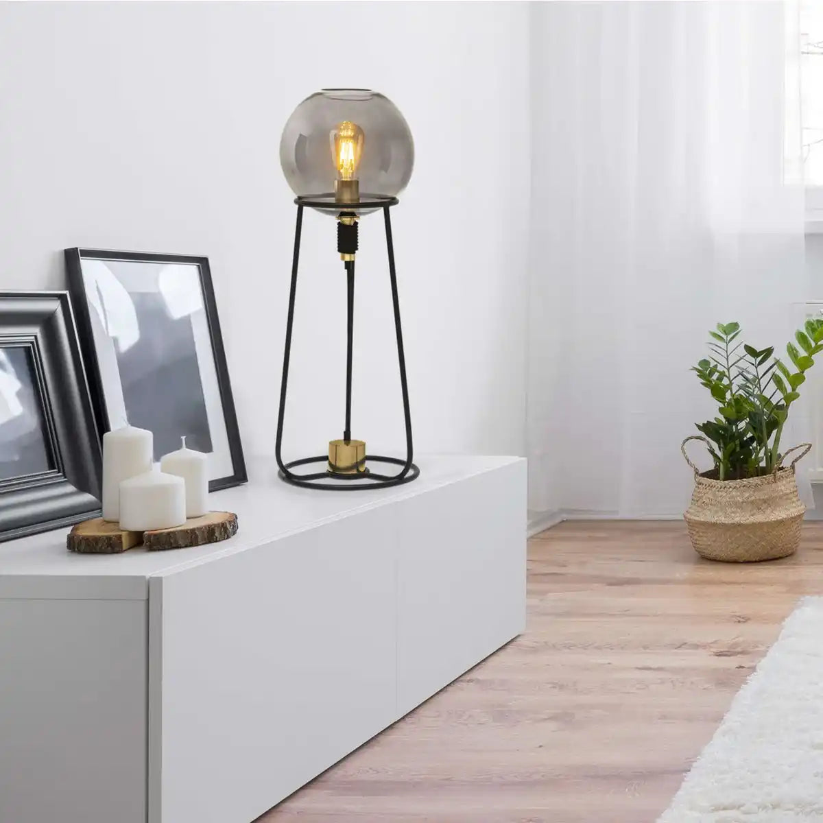 Tischleuchte "STELO" , moderne Tischlampe aus schwarzem Metall und Rauchglas, E27-Fassung, 71 cm hoch, für Esszimmer, Wohnzimmer, Diele oder Büro,