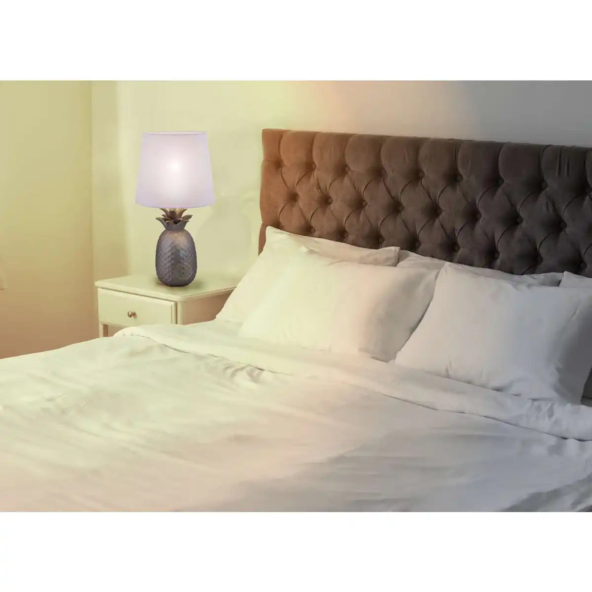 Keramik-Tischleuchte "ANANAS", Tischlampe aus Keramik mit silbermattfarbene Glasur und weißem Stoffschirm, mit E14-Fassung, für Esszimmer, Wohnzimmer, Diele oder Büro, Tischleuchte 45 cm hoch