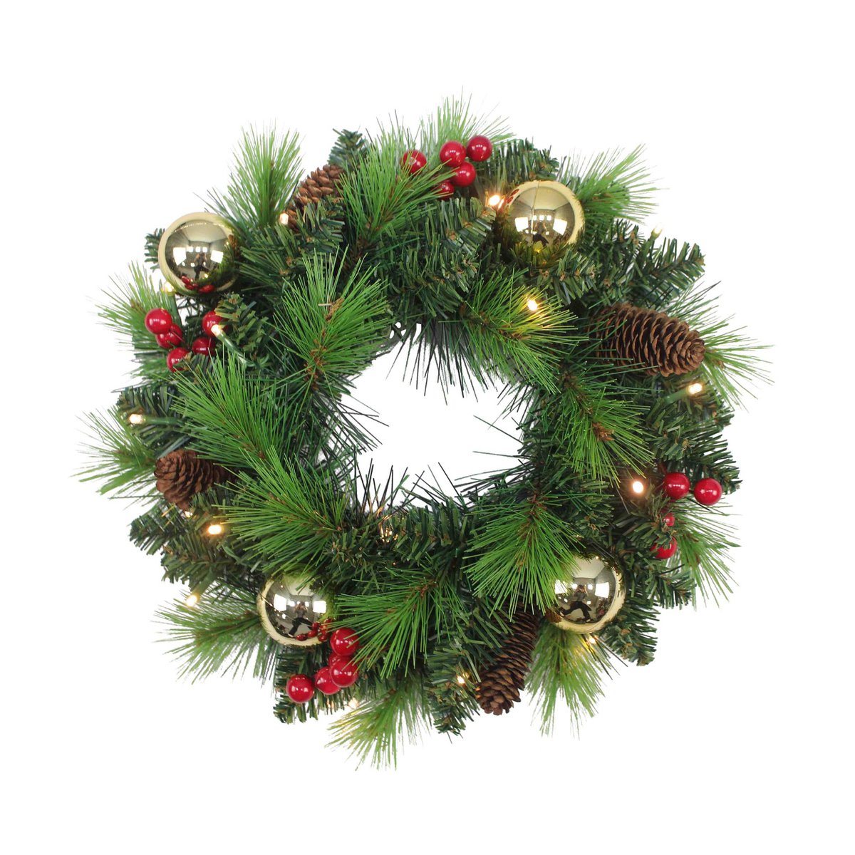 LED-Weihnachtskranz "NOEL" Außen-Deko aus Metall und Kunststoff in Grün und Gold, mit fest verbauten LEDs