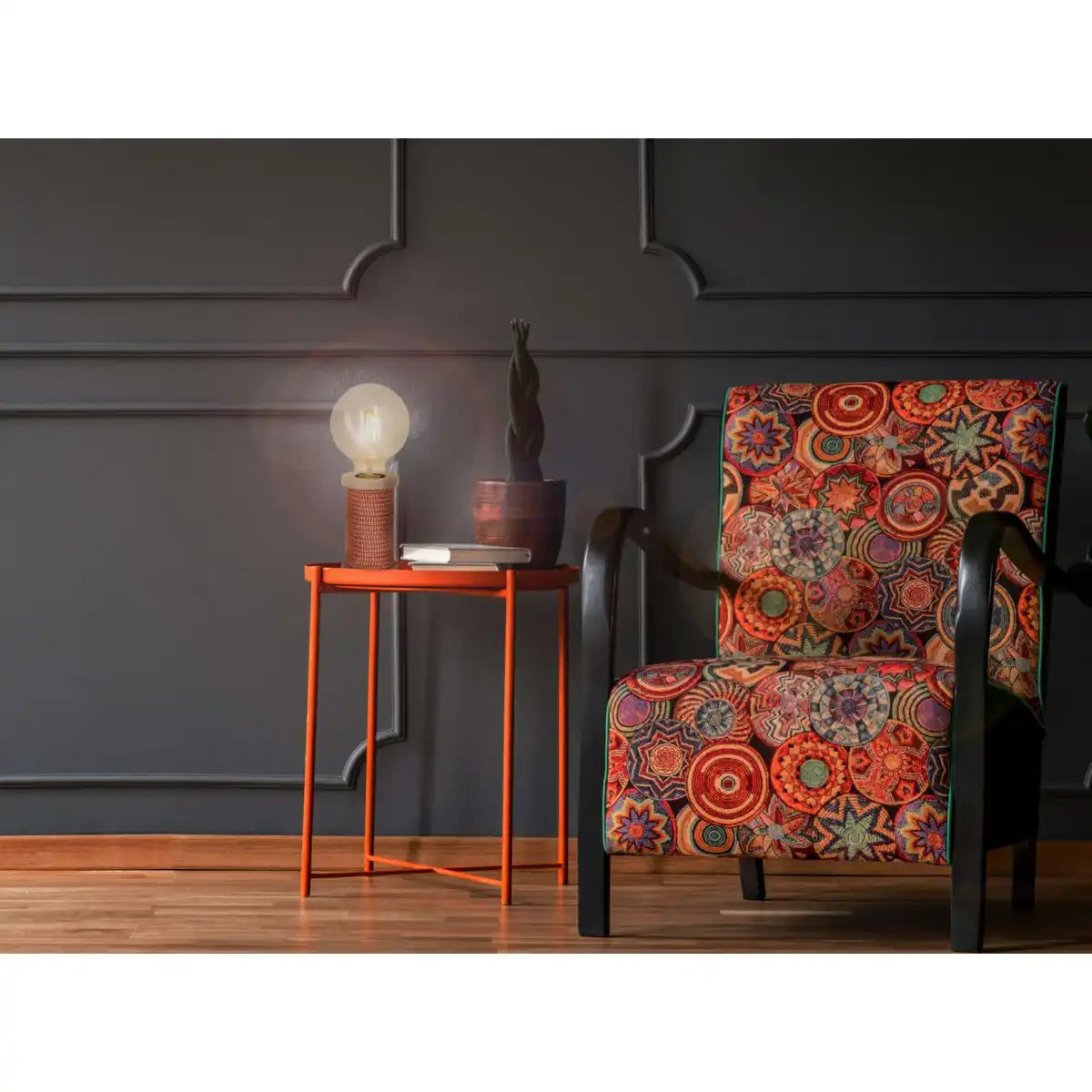 Tischleuchte max. 12cm hoch, Deko-Tischleuchte aus Metall und Kunststoff und Textilmaterial in orange-weiß, E27-Fassung, Tischlampe für Esszimmer, Küche, Kinderzimmer, Diele