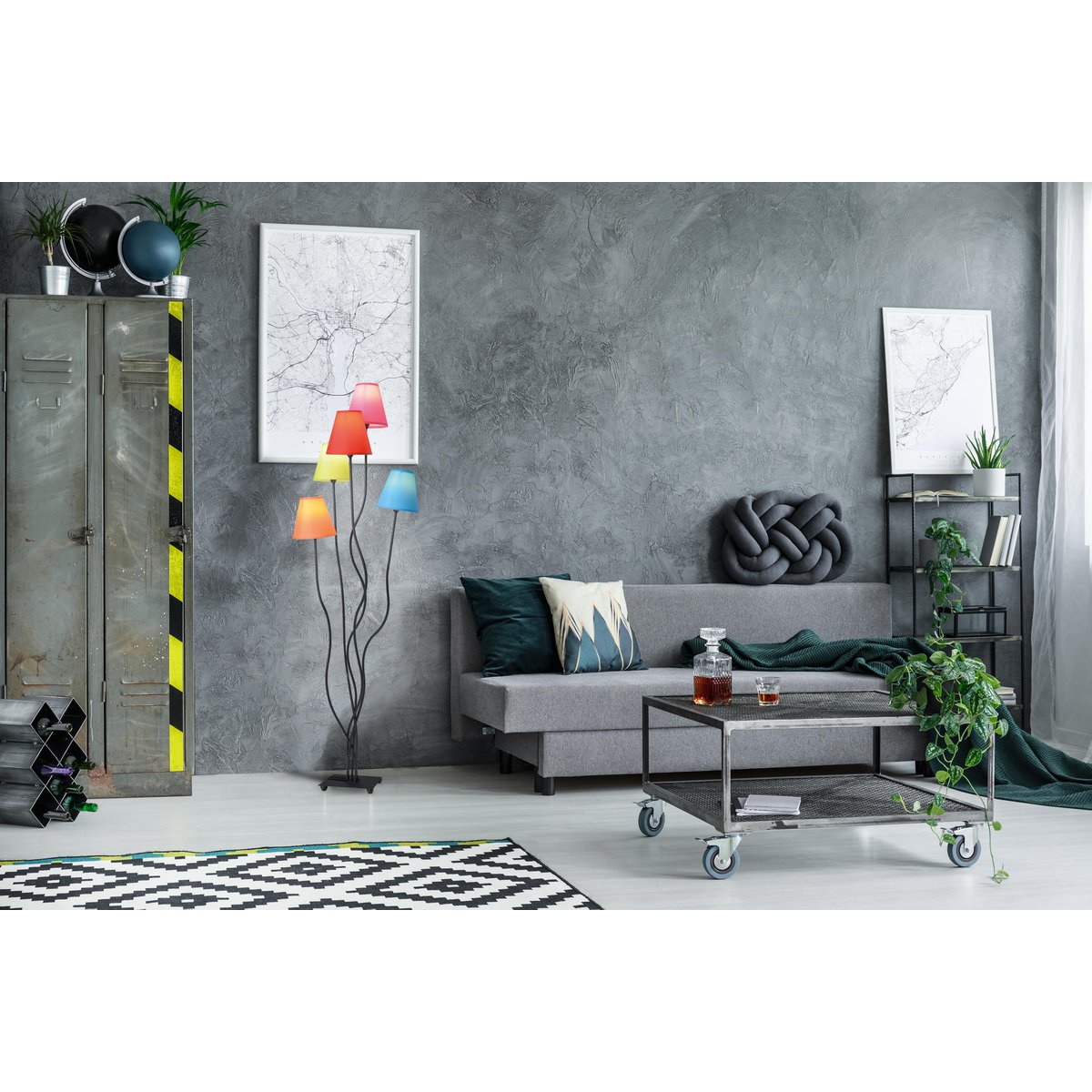 Stehleuchte 5-flammig "COLORI", Stehlampe mit bunten Textilschirmen, mit E14-Fassung, für Esszimmer, Wohnzimmer, Diele oder Büro, 156 cm hoch