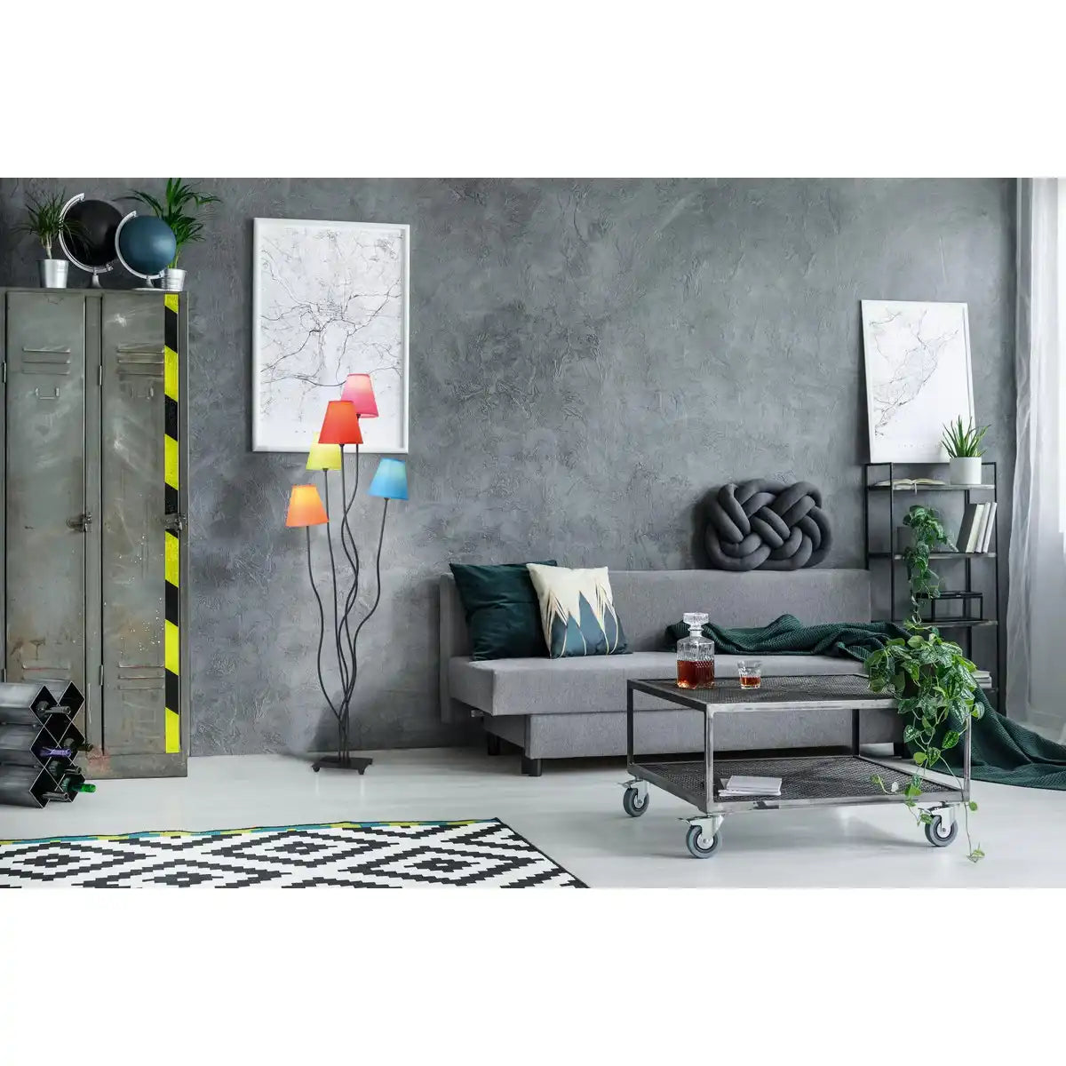 Stehleuchte 5-flammig "COLORI", Stehlampe mit bunten Textilschirmen, mit E14-Fassung, für Esszimmer, Wohnzimmer, Diele oder Büro, 156 cm hoch