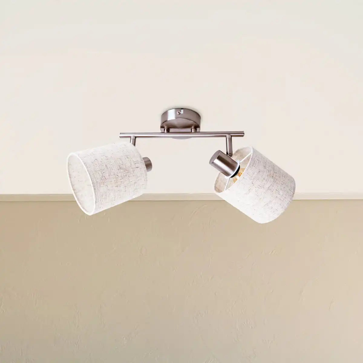 2er Wand- und Deckenleuchte "MARON" aus Metall satiniert-matt mit Stoffschirmen in Natur, mit E14-Fassung, Lampe für Wohnzimmer, Esszimmer, Flur und Büro, 46 x 12 cm