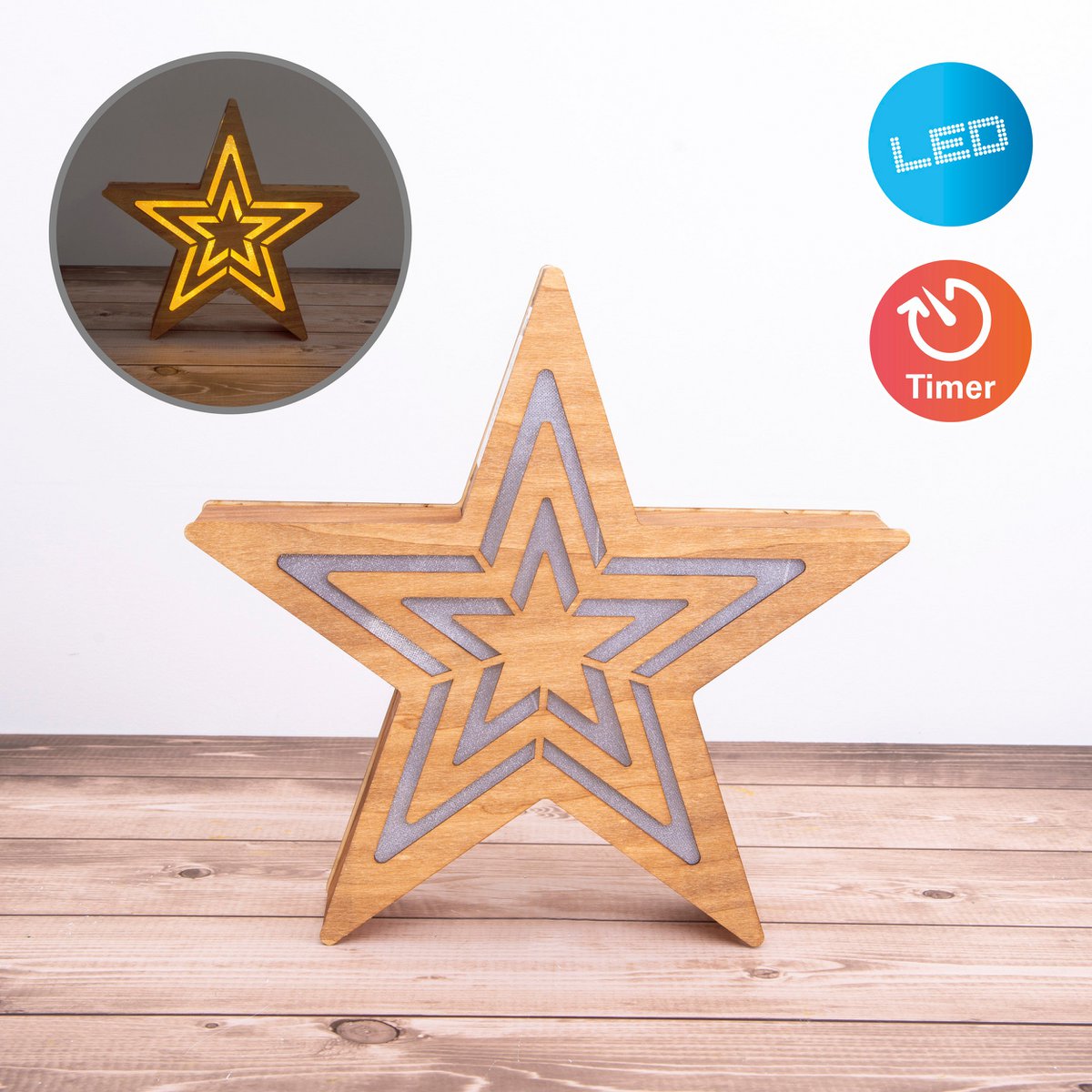 LED-Weihnachtsdeko "Stern" H: 33 cm - Weihnachtsartikel - Deko - Holz - natur - mit integrierter LED - Weihnachtsdekoration