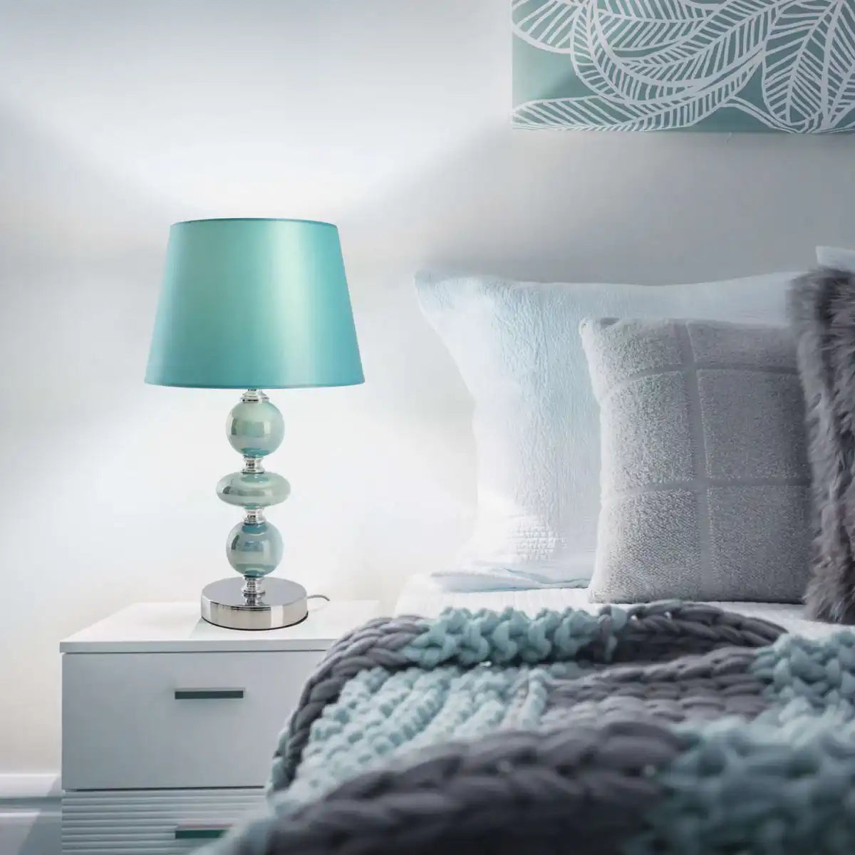 Keramik Tischleuchte "ARAGA" 36 cm hoch, Tischlampe aus Metall, Keramik, mit Textilschirm, türkis, mit E14-Fassung, Beleuchtung für Esszimmer, Wohnzimmer, Diele oder Büro