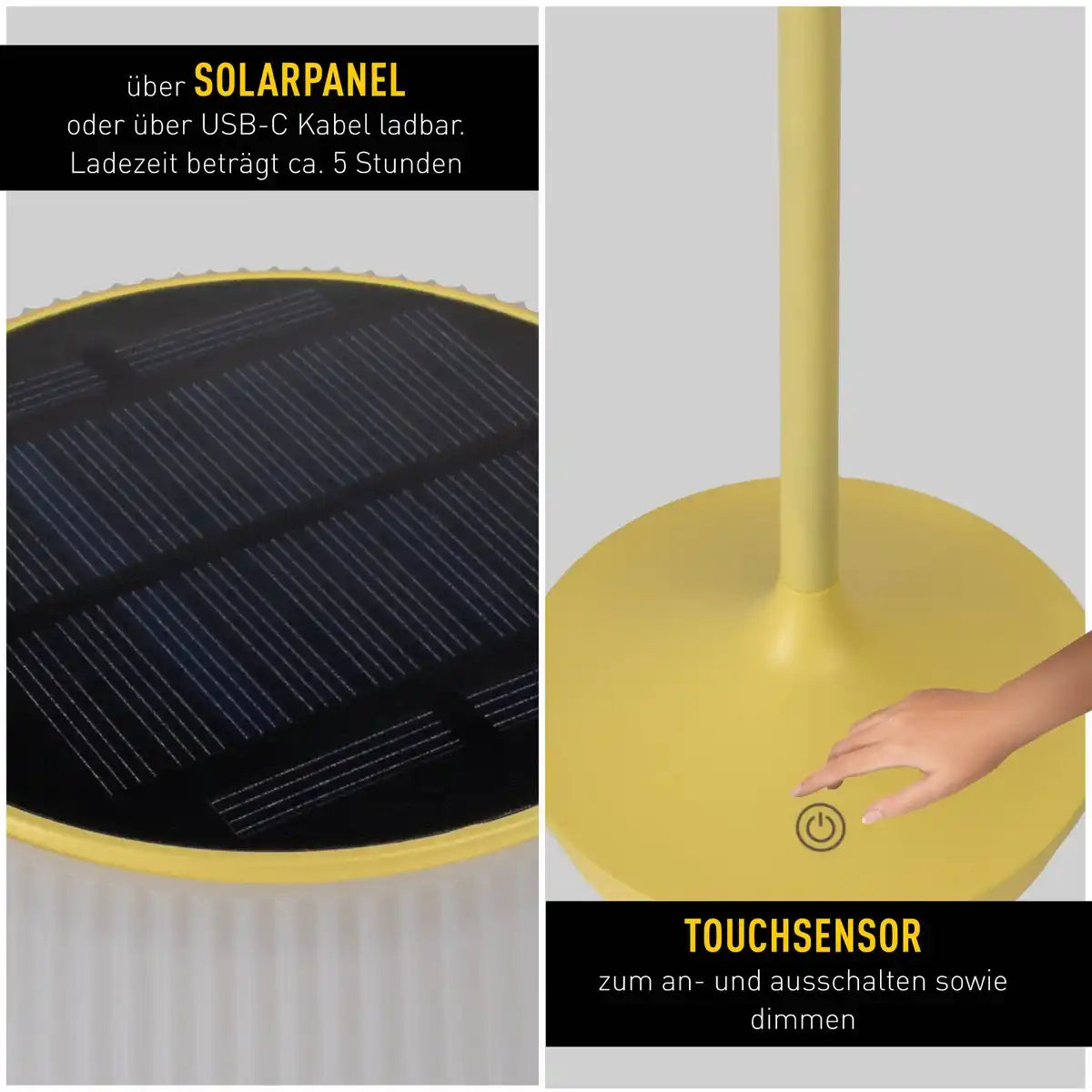 Solar-Akkutischleuchte "EMMI" 38 cm hoch, Schirm Ø 13 cm, Metall in Gelb und weißer Kunststoff, für den Außenbereich, dimmbar CCT.