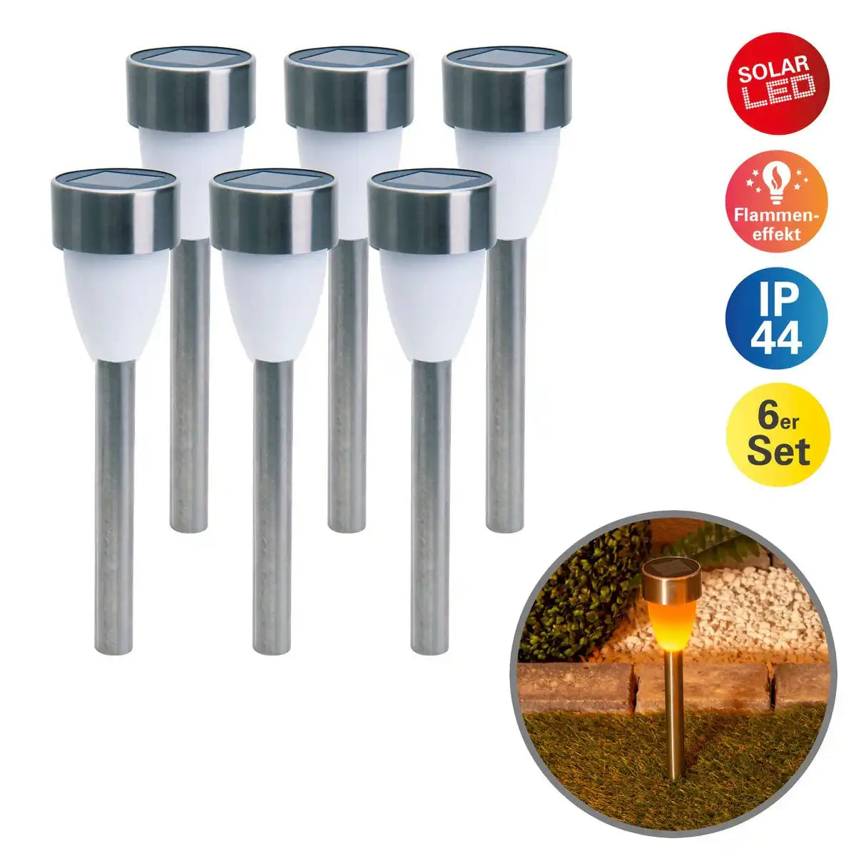 6er-Set LED-Solar-Außenleuchte mit Erdspieß aus edelstahlfarbenem Metall und Kunststoff, mit integrierter LED
