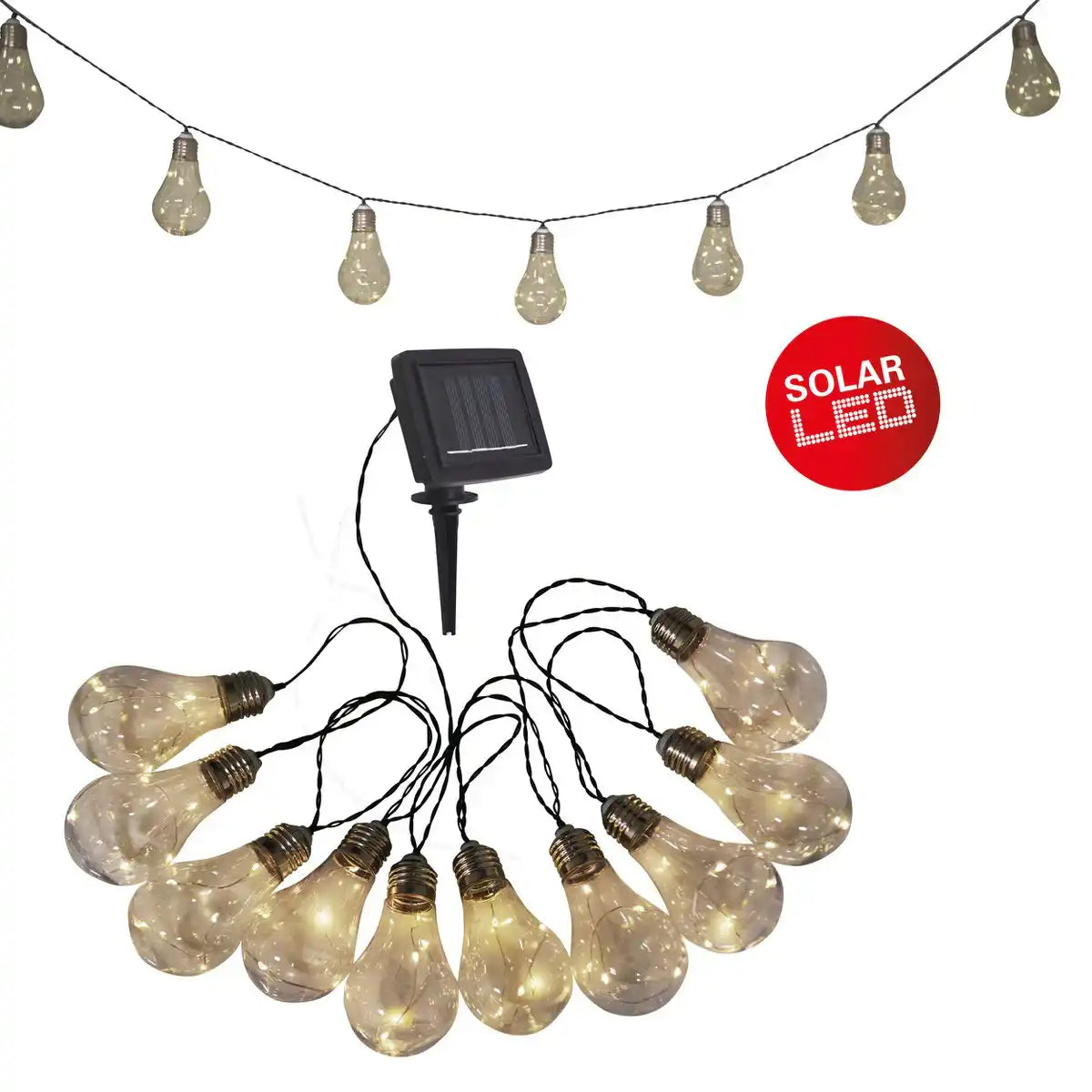 LED/Solar Lichterkette "Glühbirne" , für Außen, Lichterkette aus Kunststoff, klar/transparent, mit integrierter LED