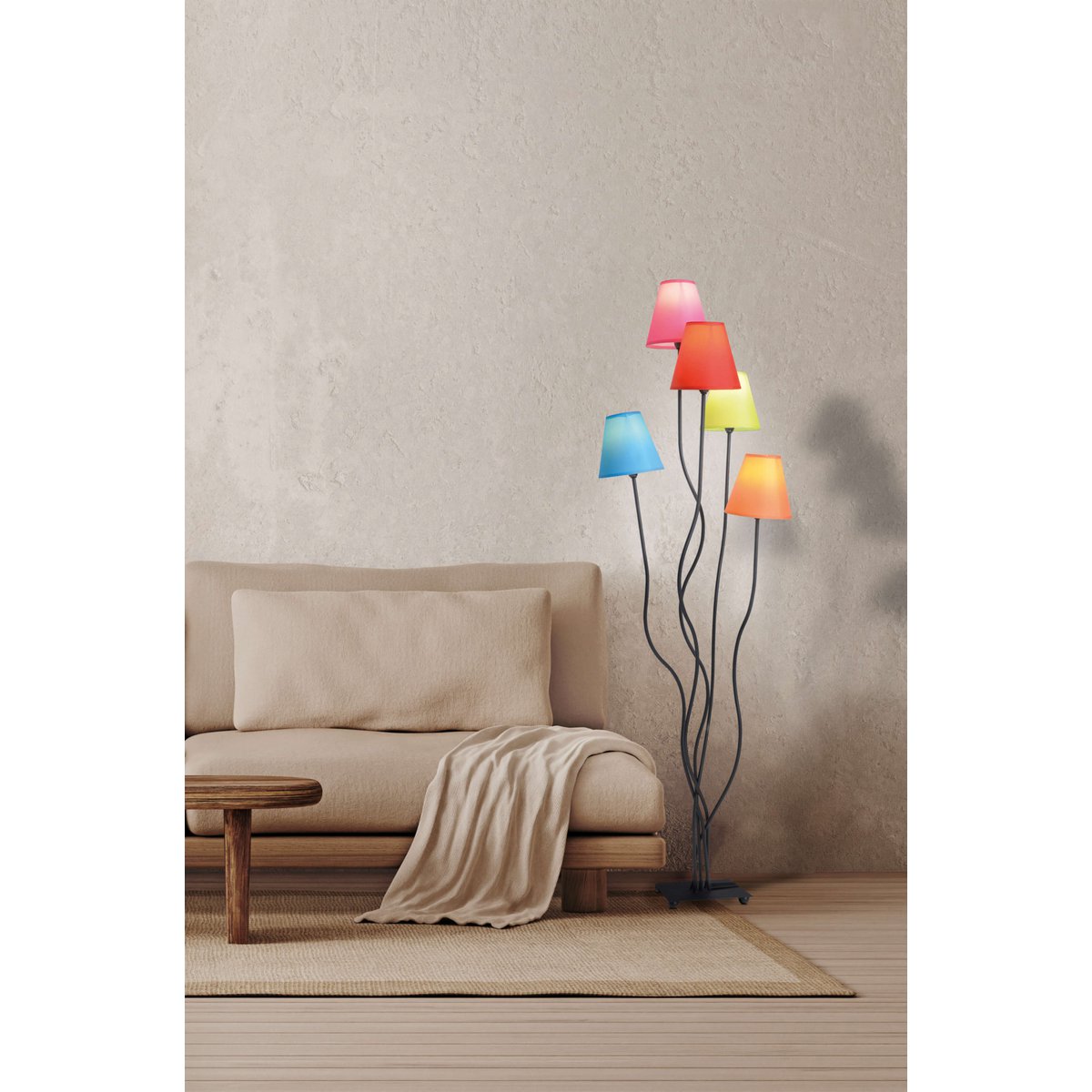 Stehleuchte 5-flammig "COLORI", Stehlampe mit bunten Textilschirmen, mit E14-Fassung, für Esszimmer, Wohnzimmer, Diele oder Büro, 156 cm hoch