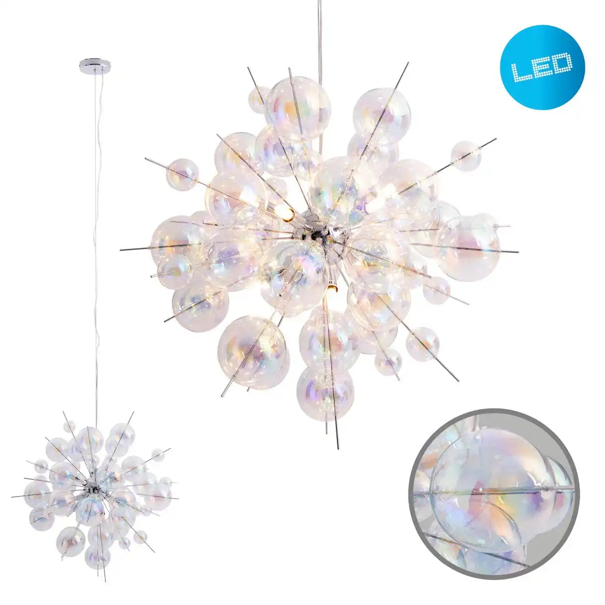 Pendelleuchte "EXPLOSION" aus Metall und irisierendem Glas, G9 Fassungen, Hängelampe für Esszimmer, Wohnzimmer, Diele oder Büro, Øca. 65 cm