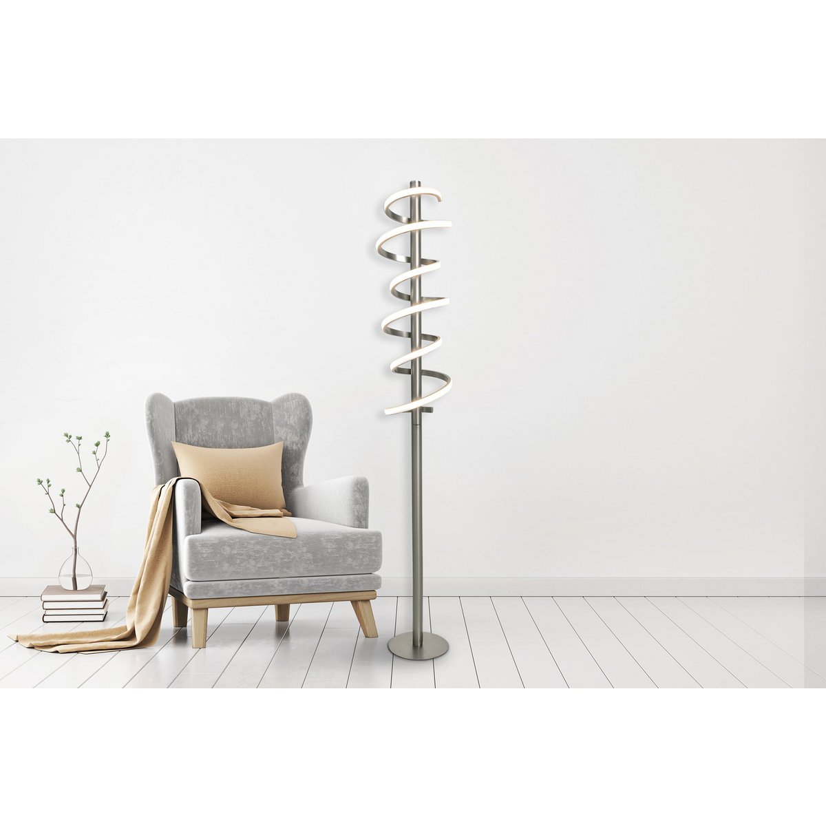 LED-Stehleuchte "BELLEZA", moderne Stehlampe aus Metall und Kunststoff in Nickel matt und Weiß, mit fest verbauten LEDs, 140 hoch, Beleuchtung für Wohnzimmer, Esszimmer, Schlafzimmer oder Büro.