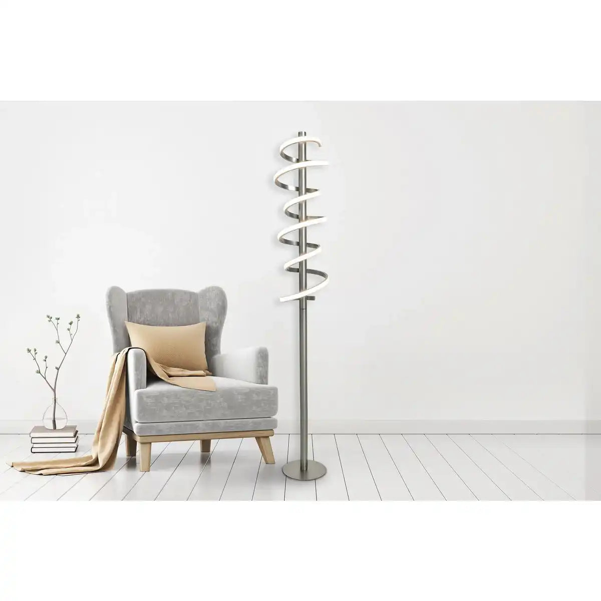 LED-Stehleuchte "BELLEZA", moderne Stehlampe aus Metall und Kunststoff in Nickel matt und Weiß, mit fest verbauten LEDs, 140 hoch, Beleuchtung für Wohnzimmer, Esszimmer, Schlafzimmer oder Büro.
