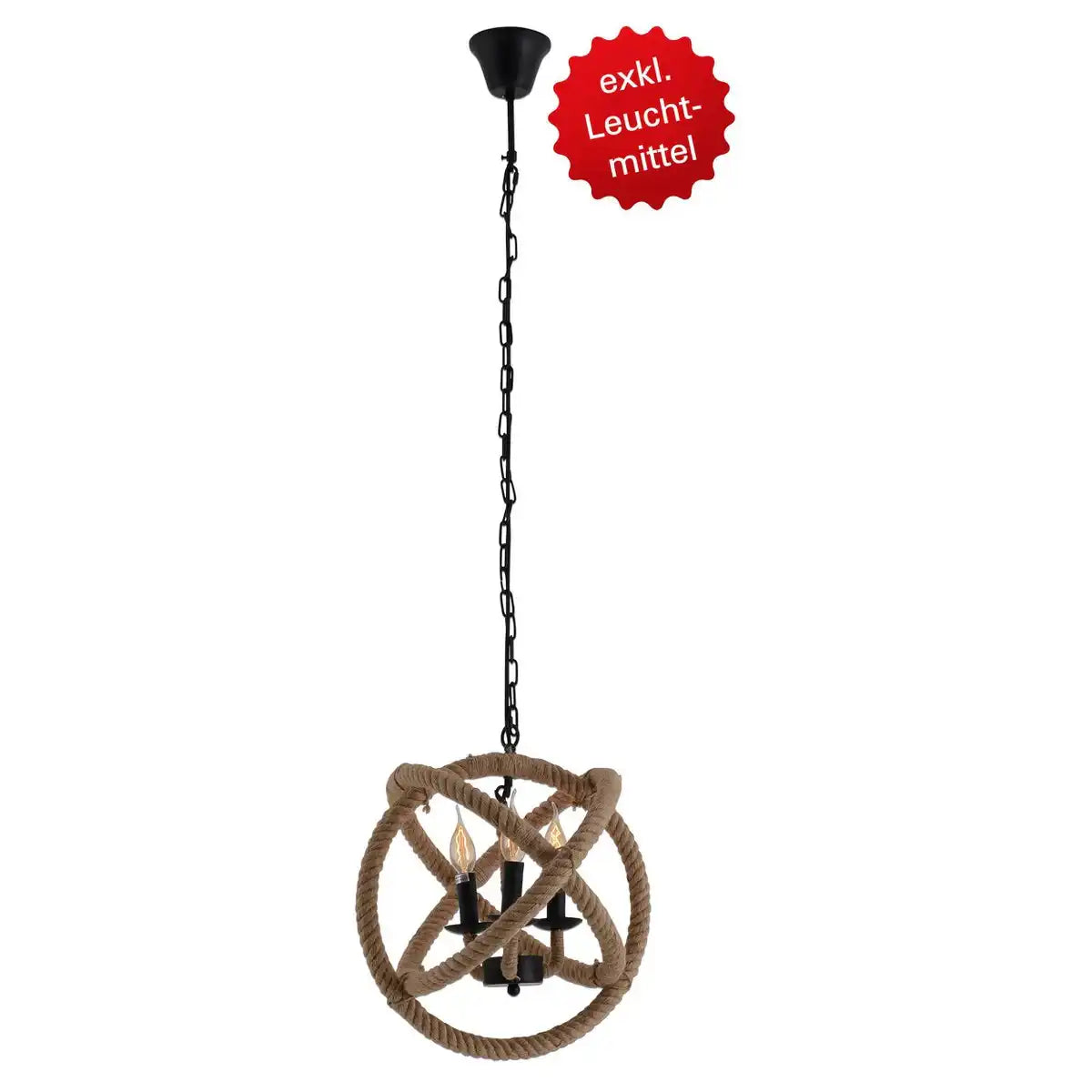 Pendelleuchte "REGIA", schwarzes Metall, Hanfseil, E27-Fassung, Beleuchtung für Wohnzimmer, Esszimmer oder Büro, 43 cm Durchmesser