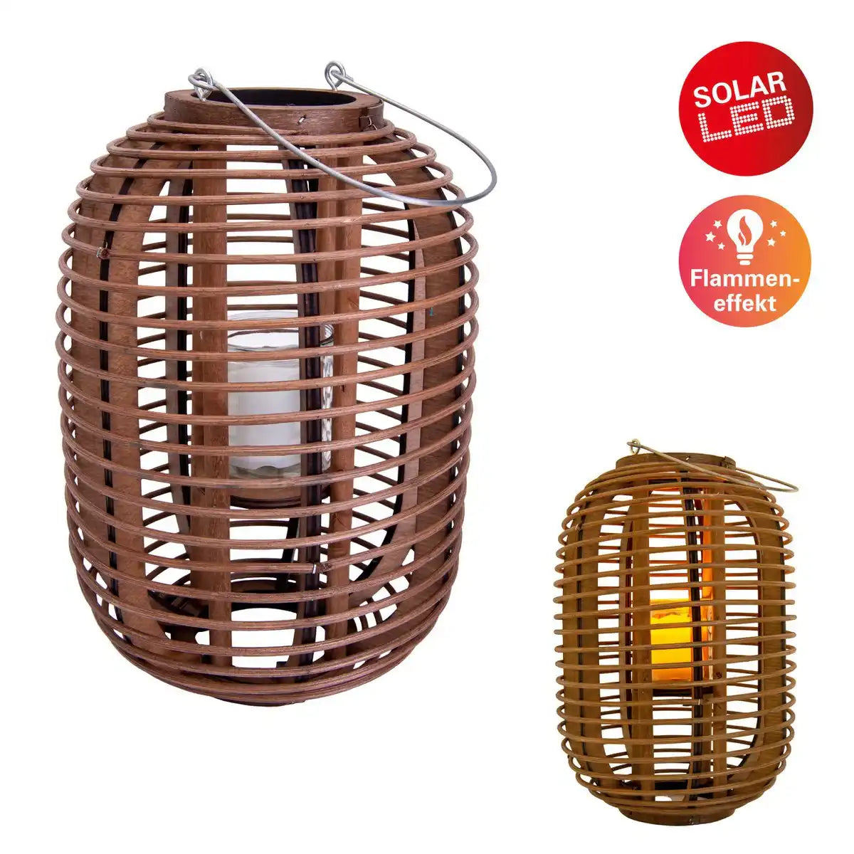 Dekoleuchte "Korbinian" inklusive Solar-LED-Kerze für Garten und Terrasse, Solarlampe aus braunem Rattan, Höhe 32 cm
