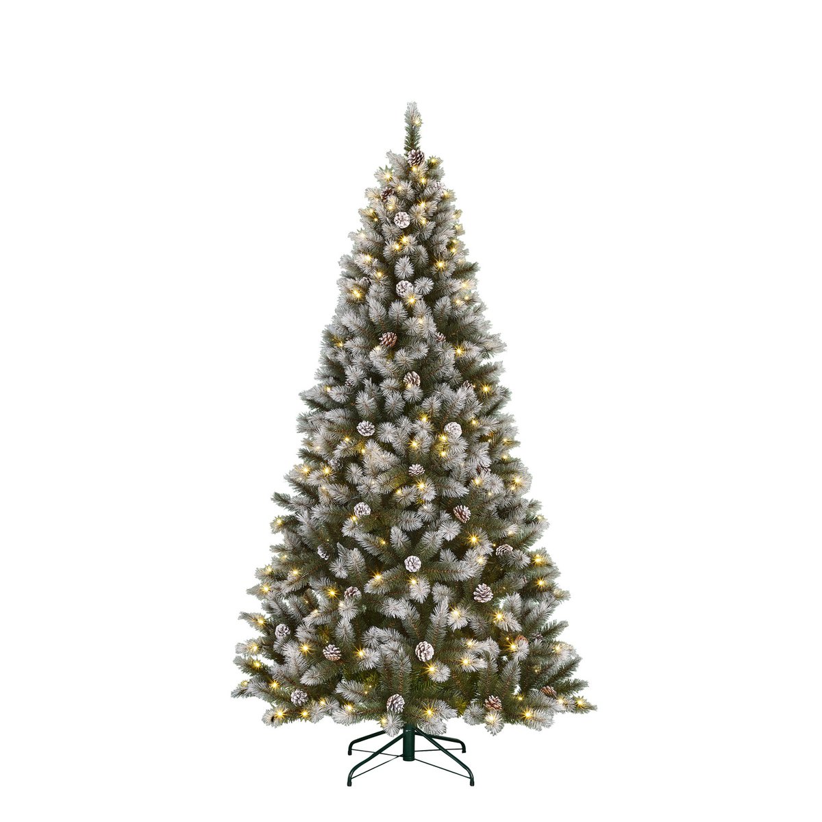 Künstlicher Weihnachtsbaum mit LED-Beleuchtung – H215 x Ø117 cm – Grün gefrostet