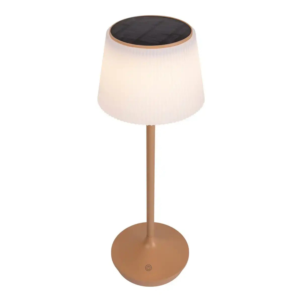 Solar-Akkutischleuchte "EMMI" 38 cm hoch, Schirm Ø 13 cm, Metall in Almond und weißer Kunststoff, für den Außenbereich, dimmbar CCT.