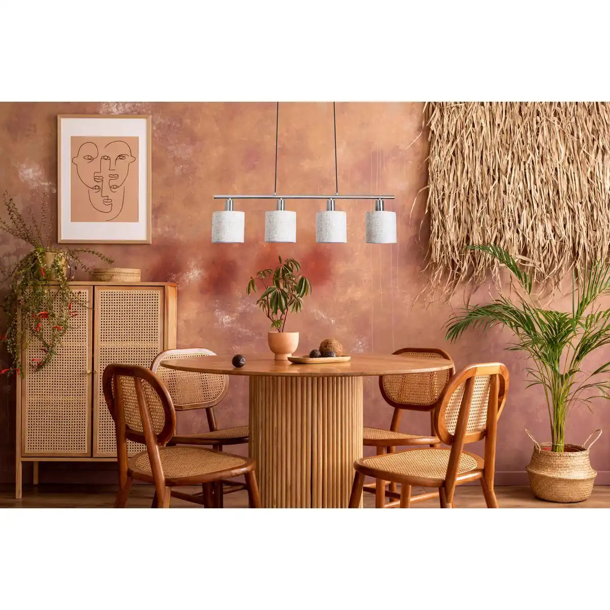 4er Pendelleuchte "MARON" aus Metall satiniert-matt mit Stoffschirmen in Natur, mit E14-Fassung, Lampe für Wohnzimmer oder Esszimmer,71,5 x 12 cm