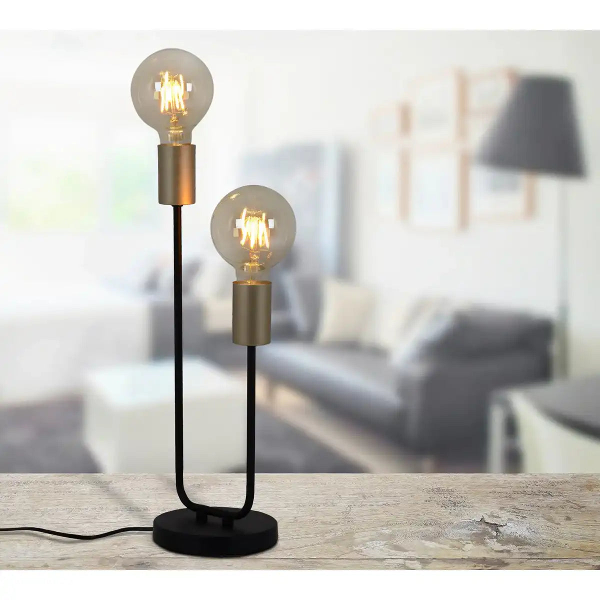 Tischleuchte 2-flammig. "MODO" aus Metall in Schwarz,, Fassungen in Gold, E27-Fassung, Tischlampe für Wohnzimmer, Esszimmer, Küche, Diele, Flur oder Büro, 45 x 14 cm