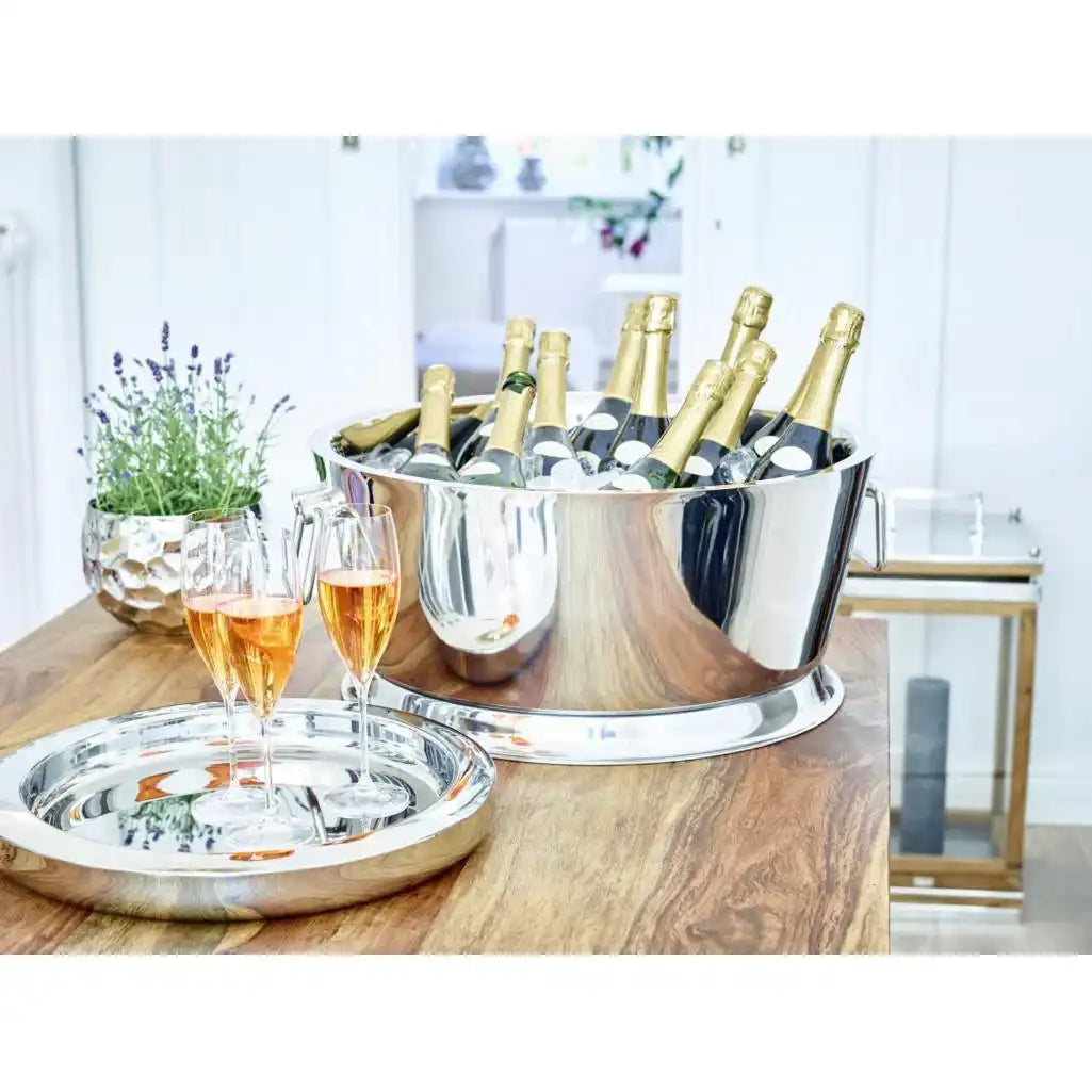 Champagnerkühler Michigan mit Griffen, Edelstahl hochglanzpoliert, doppelwandig, ø 53 cm, H 24 cm - HomeDesign Knaus