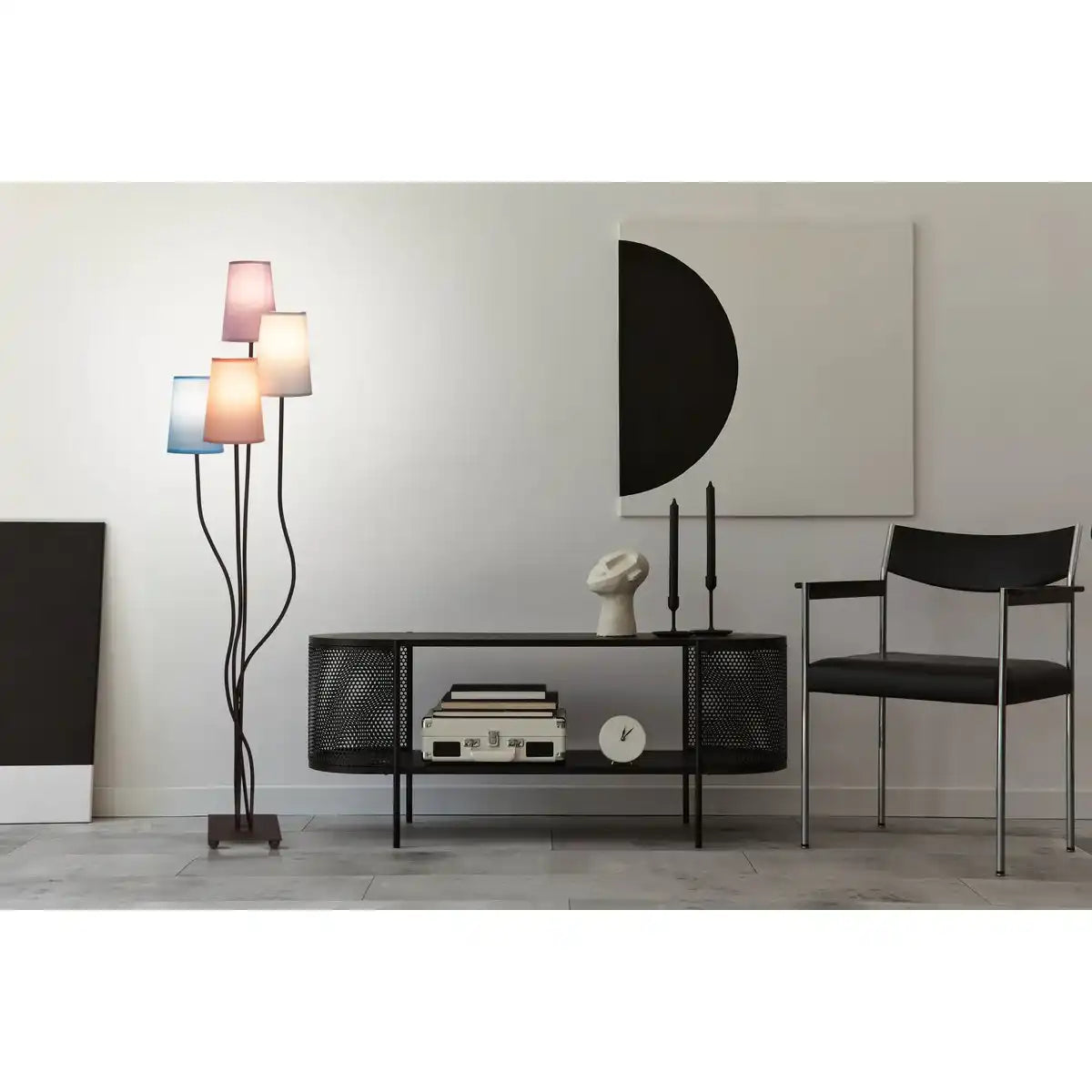 Textilstehleuchte 4-flammig "BOHO" bunt, Stehlampe mit bunten Schirmen, mit E14-Fassung, für Esszimmer, Wohnzimmer, Diele oder Büro, 140 cm hoch