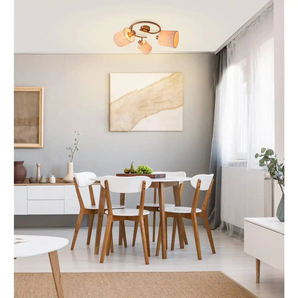 3er Wand- und Deckenrondell "MARON" aus Metall satiniert-matt mit Stoffschirmen in Natur, mit E14-Fassung, Lampe für Wohnzimmer, Esszimmer, Flur und Büro, 28,5 cm Durchmesser