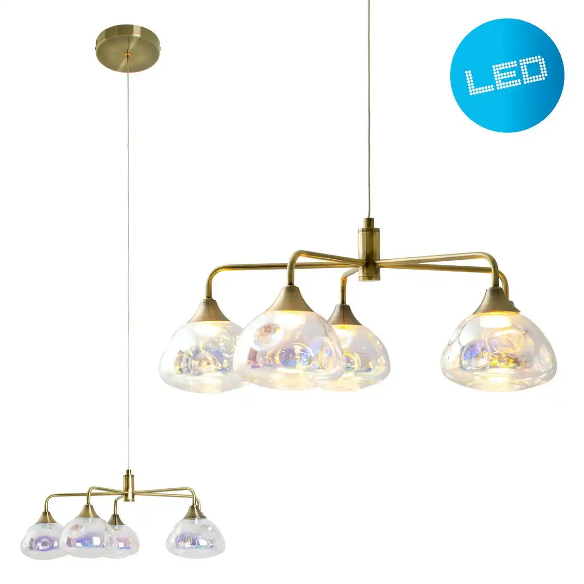 LED Pendelleuchte 5-flammig "Varna", Pendellampe aus messingfarbenem Metall und irisierendem Glas, fest verbaute LEDs, 50 cm Durchmesser, stilvolle Beleuchtung für Wohnzimmer, Esszimmer oder Diele