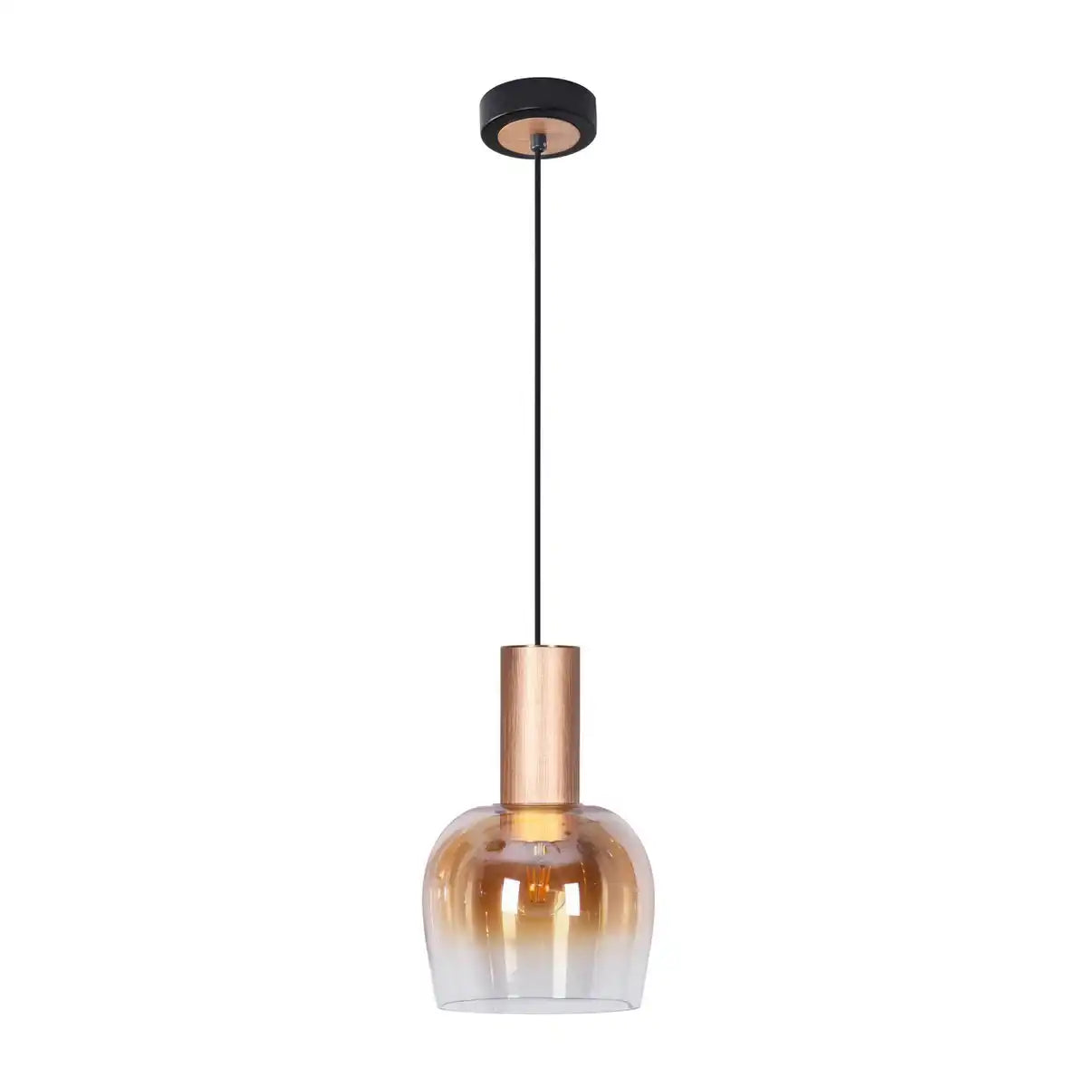 1er Pendelleuchte "FUNDA" 150 cm hoch, Ø 23,5 cm, aus gebürstetem messingfarbenem Metall und amberfarbenem Glas, E27, für Wohnzimmer, Esszimmer, Küche und Büro