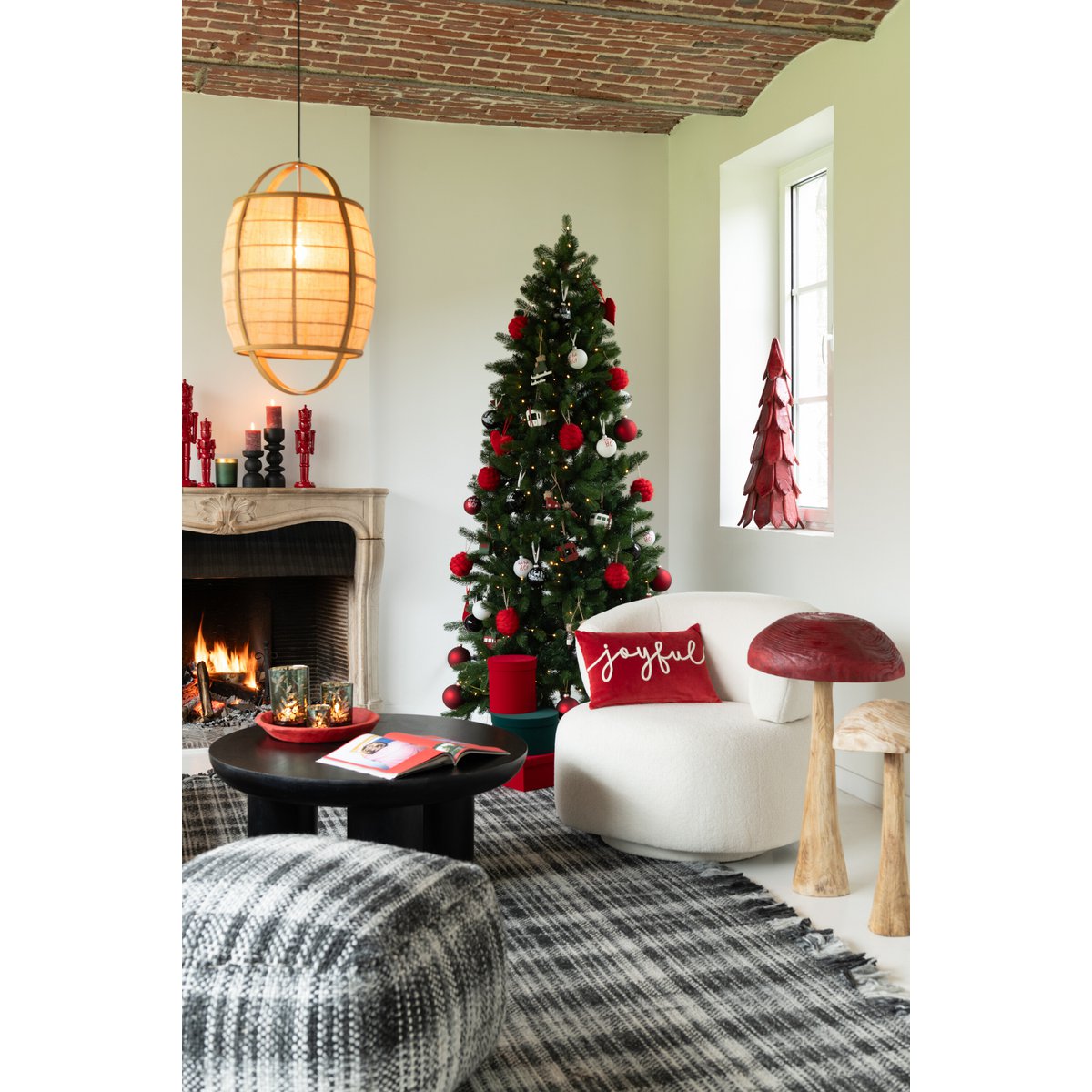 J-Line Kissen Rechteck Joyful Velours Rot/Weiß