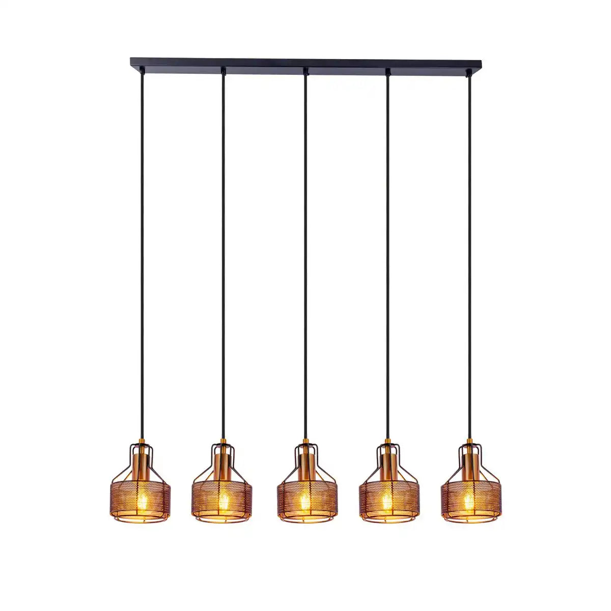 5er Pendelleuchte "FORO" Retro Pendellampe aus Metall in Schwarz, und Gold mit E27-Fassungen, 96 cm lang. Stilvolle Beleuchtung für Wohnzimmer, Esszimmer oder Küche.