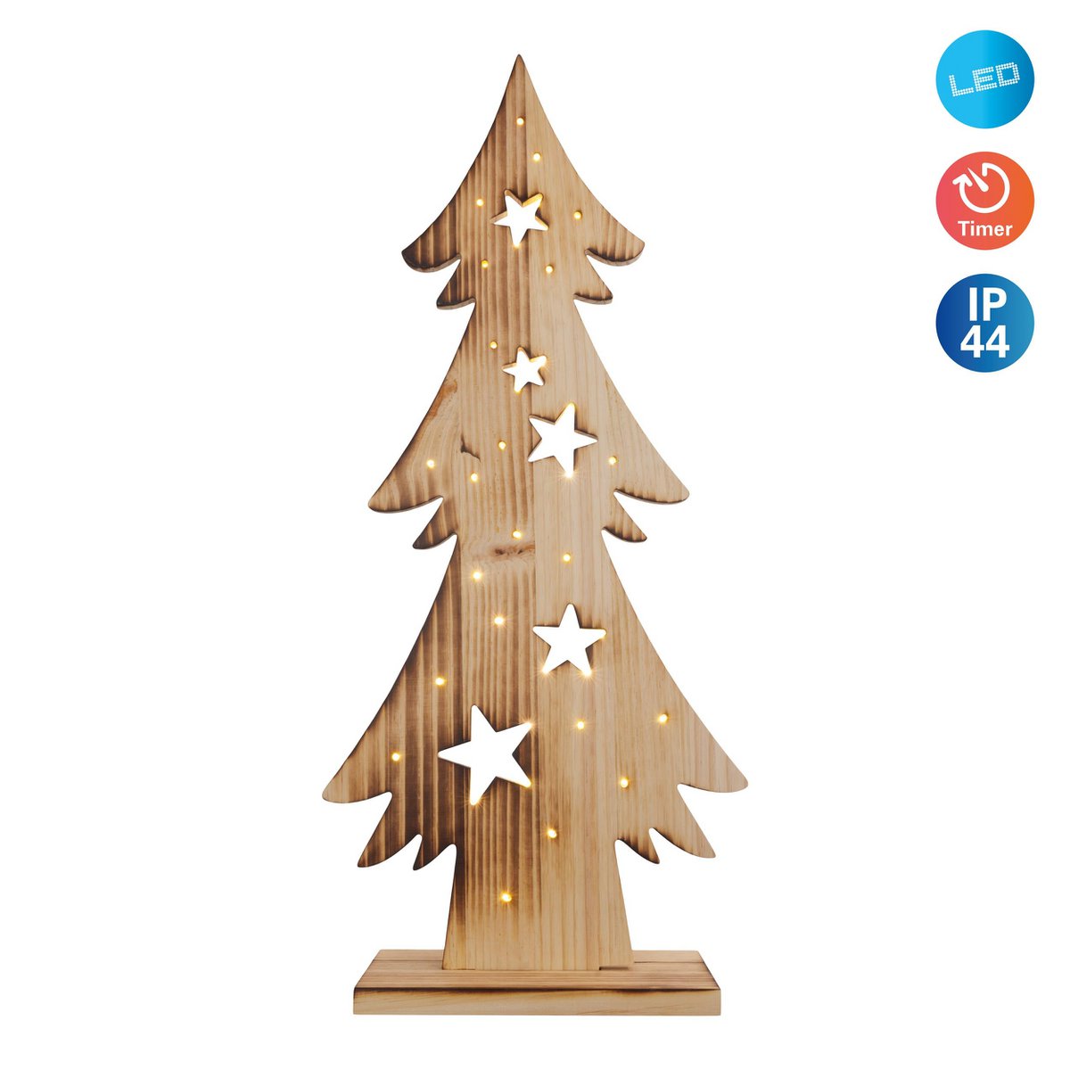 LED-Holz-Dekoleuchte "TANNENBAUM" groß, aus naturbelassenem Holz mit festverbauten LEDs, Weihnachtsdekoration für Außen