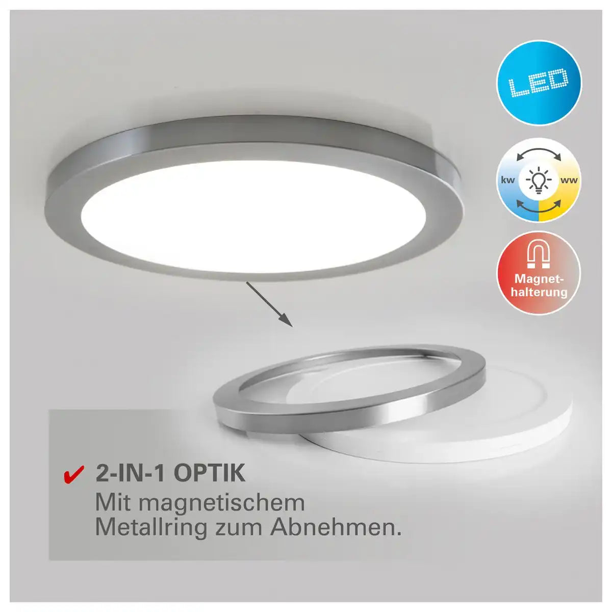 LED Deckenleuchte "BONUS", Funktion, Deckenlampe aus Metall und Kunststoff in Chrome/weiß wechselbar, mit fest verbauten LEDs, 33 cm Durchmesser
