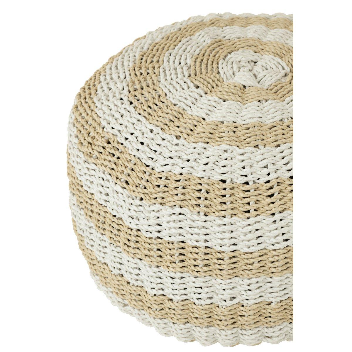 J-Line Pouf Round Stripes Gewebter Kunststoff Weiß/Natur