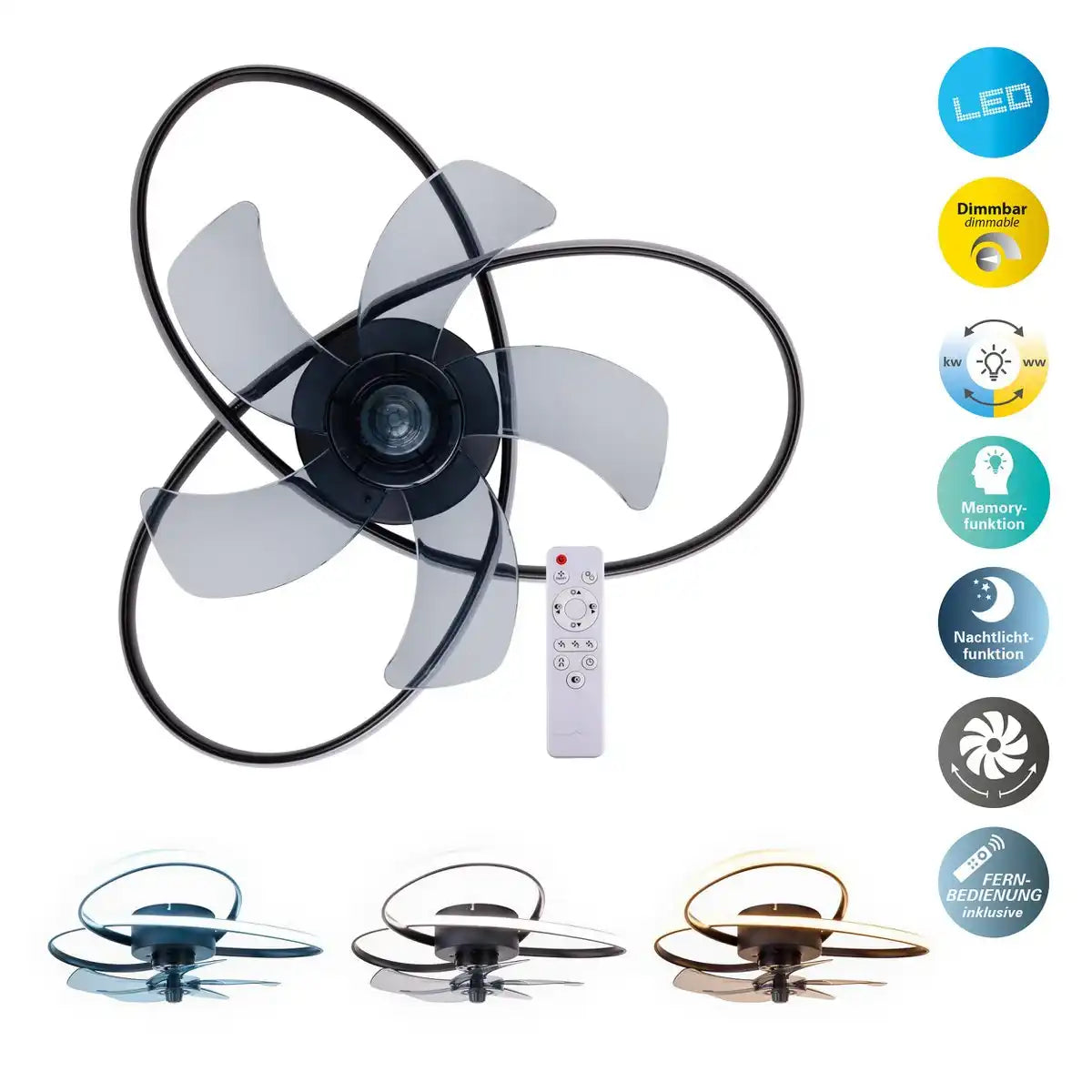 moderne LED Deckenleuchte "RICCIO" inklusive Ventilator, Nachtlichtfunktion, Dimmung und Lichttemperatureinstellung ist mit fest verbauten LEDs bestückt und hat einen ungefähren Øvon 58 cm.