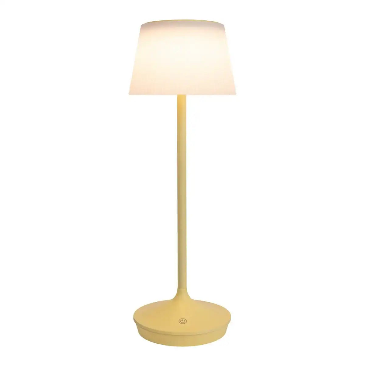 Solar-Akkutischleuchte "EMMI" 38 cm hoch, Schirm Ø 13 cm, Metall in Gelb und weißer Kunststoff, für den Außenbereich, dimmbar CCT.