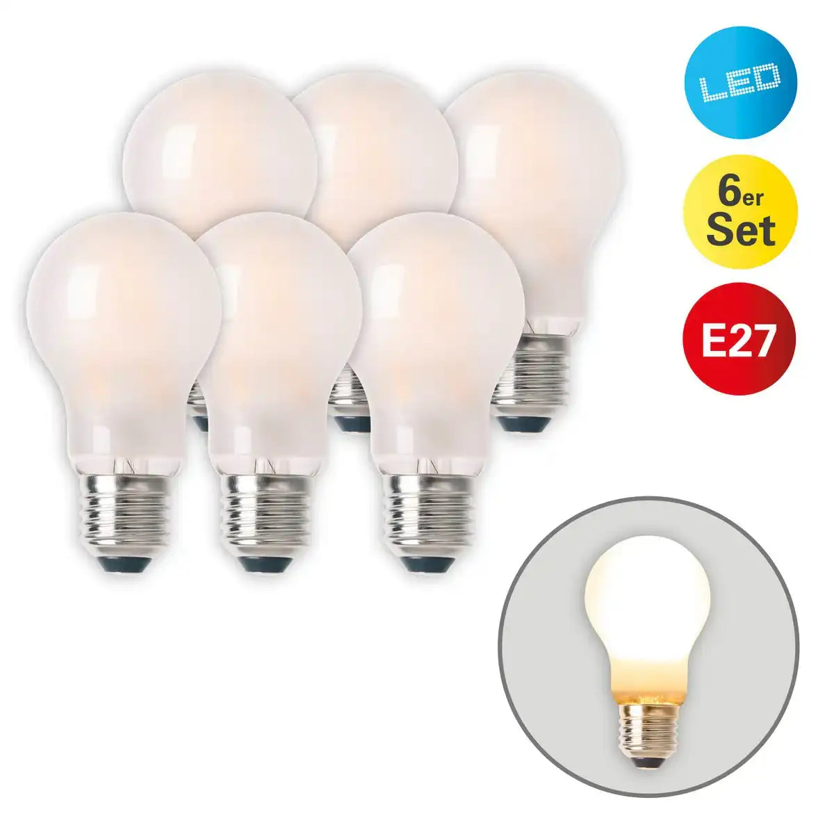 6er-Set LED Leuchtmittel für E27-Fassung mit je 8 Watt, aus Metall und Glas, warmweiß