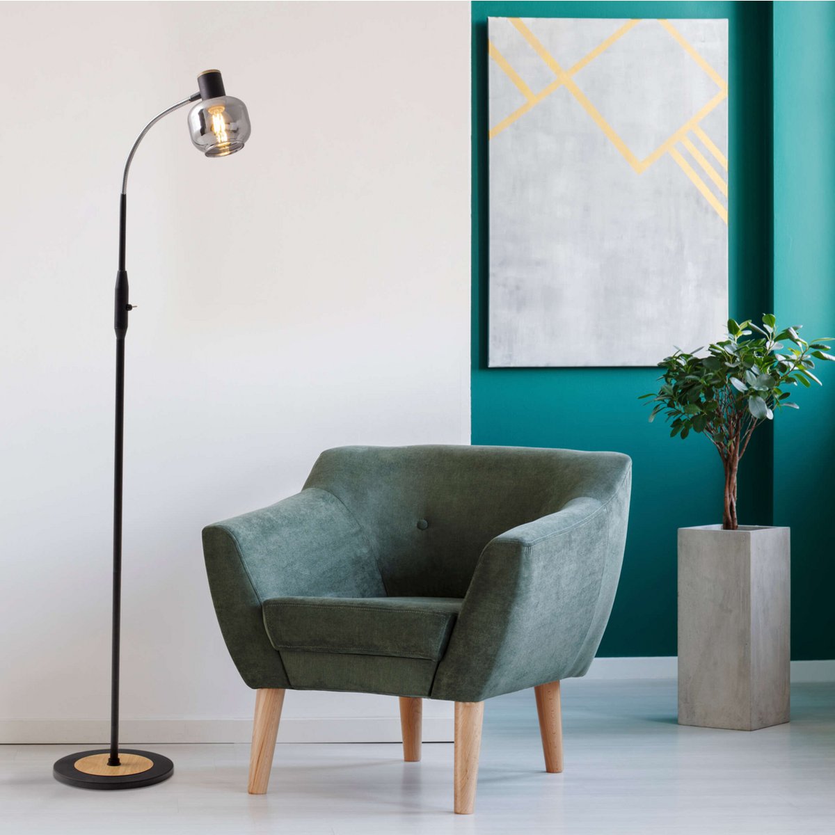 Glas-Stehleuchte "FUMOSO", Stehlampe aus Metall und Glas in Schwarz,, mit E14-Fassung, für Esszimmer, Wohnzimmer, Diele oder Büro, Stehlampe innen, 150 cm hoch.