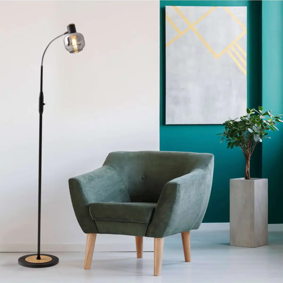 Glas-Stehleuchte "FUMOSO", Stehlampe aus Metall und Glas in Schwarz,, mit E14-Fassung, für Esszimmer, Wohnzimmer, Diele oder Büro, Stehlampe innen, 150 cm hoch.