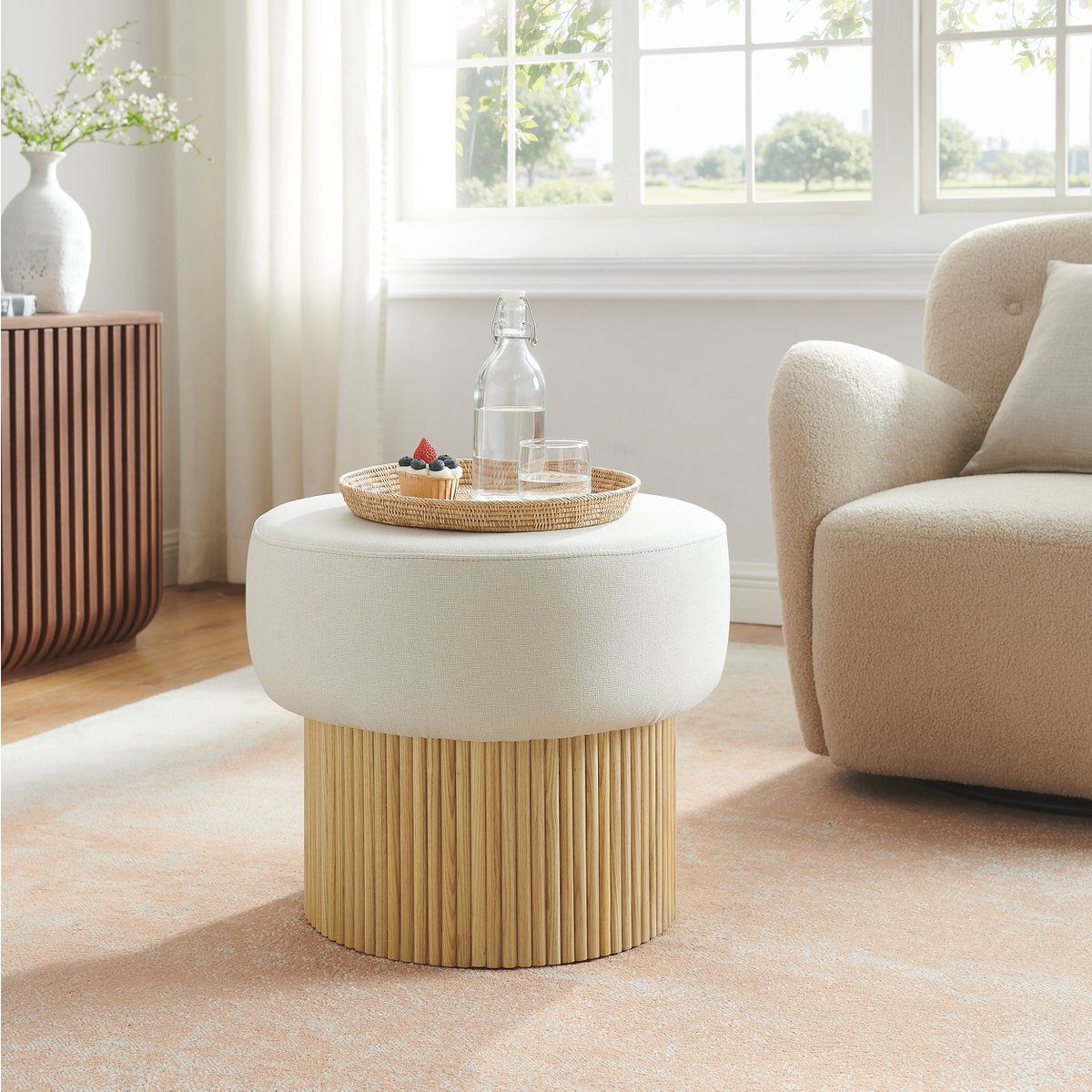 Sitzpouf mit Stauraum Ø 50 cm Natur/Weiß