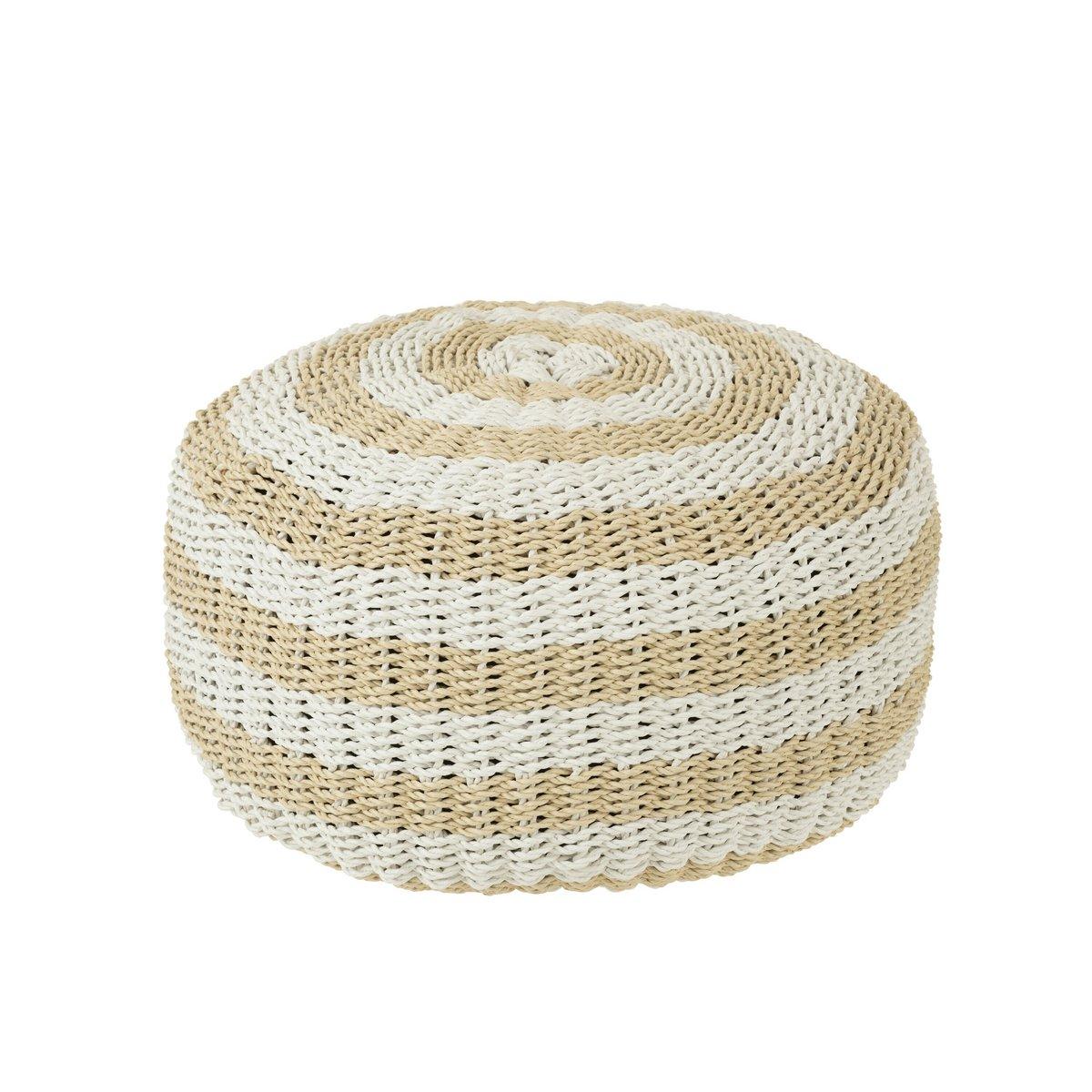 J-Line Pouf Round Stripes Gewebter Kunststoff Weiß/Natur
