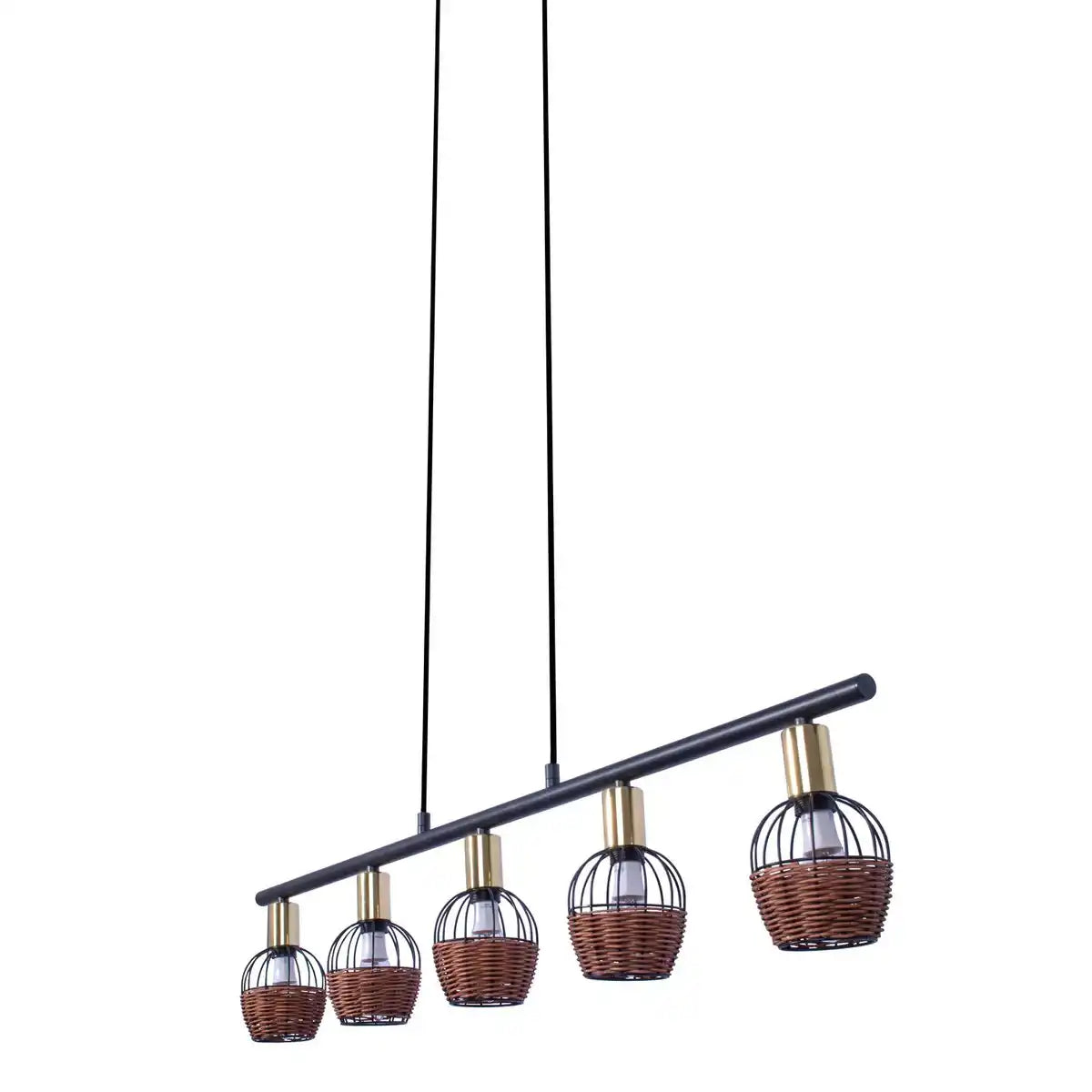 5er Pendelleuchte "CORBIS", Hängelampe aus Metall in Schwarz, mit Gold und Rattan, mit E14-Fassung, für Esszimmer, Wohnzimmer, Diele oder Büro, 100 cm lang