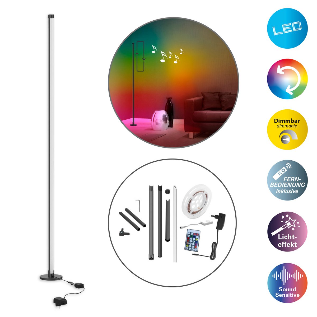 LED-Digital-Dekostehleuchte "MOTION LIGHT" 150 cm hoch, aus Metall und Kunststoff, bunt, LED Platine, Beleuchtung für Wohnzimmer, Esszimmer oder Büro