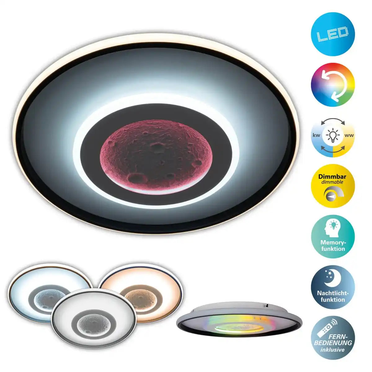 LED Deckenleuchte CCT / RGB mit Mondstruktur, Ø 50 cm, viele Funktionen, aus Metall und Kunststoff, inkl. Fernbedienung
