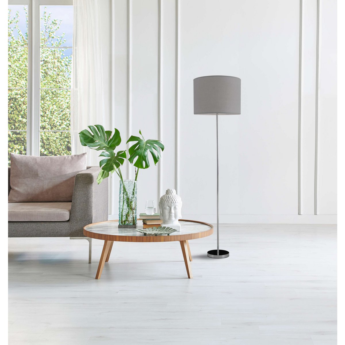 Stehleuchte "NEW YORK", klassische Stehlampe aus Metall mit Textilschirm in Grau, mit E27-Fassung, 160 cm hoch, perfekt für Wohnzimmer, Esszimmer, Diele und Büro